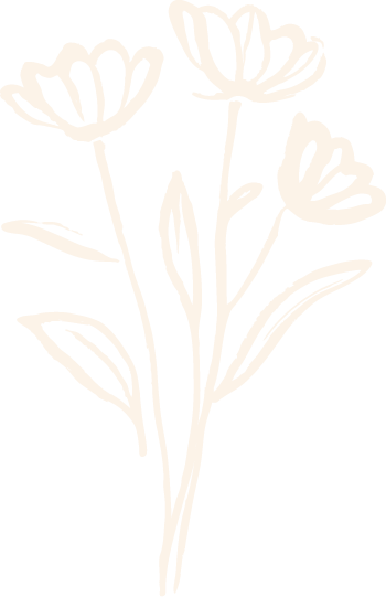 White outline drawing of three flowers with leaves