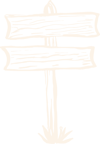 Sketch of a wooden signpost with two blank directional signs, mounted on a pole with grass at the base.