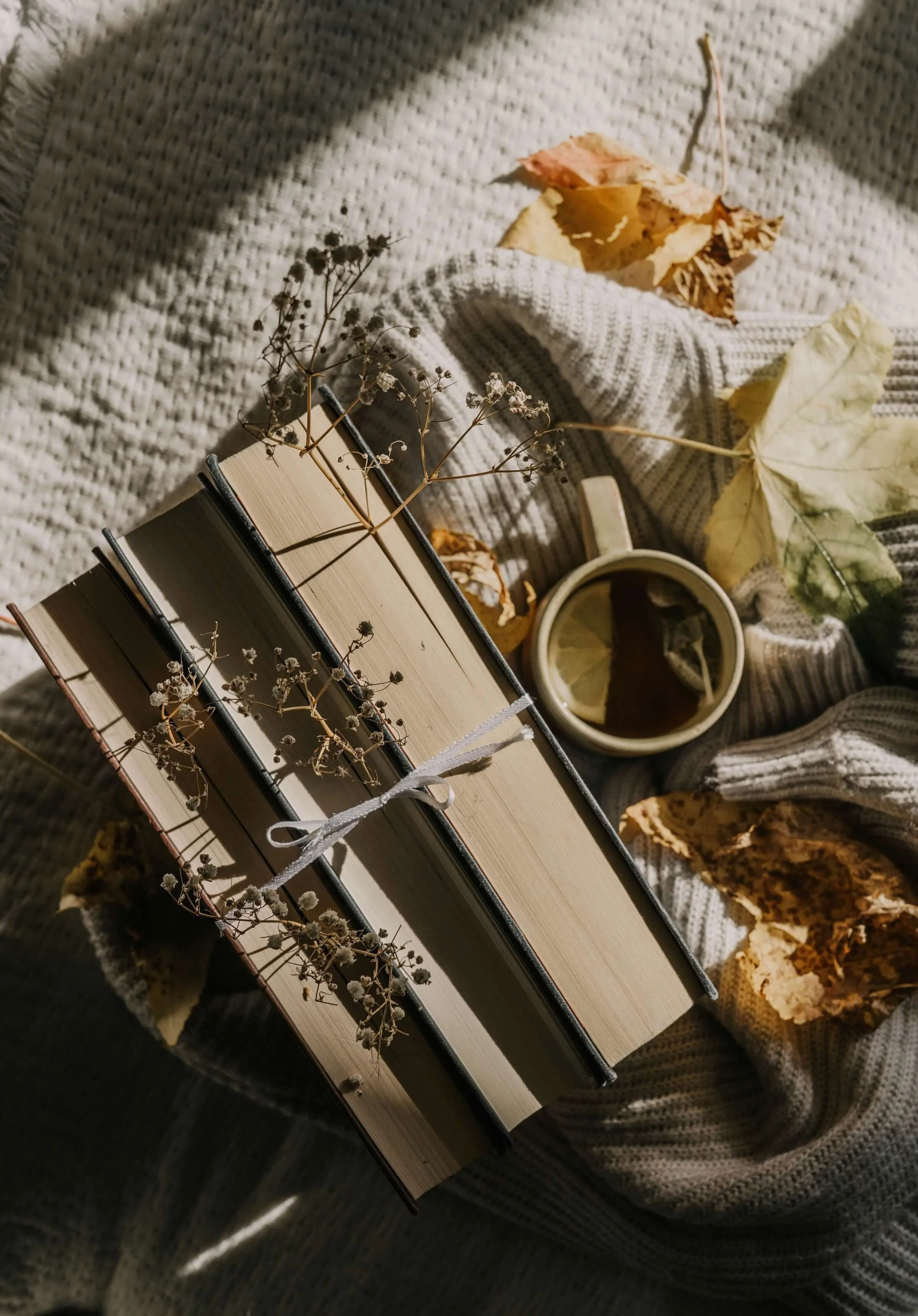 A cozy scene with a gray knit blanket, dried leaves, dried flowers, an open book, and a mug of tea, all arranged on the blanket.