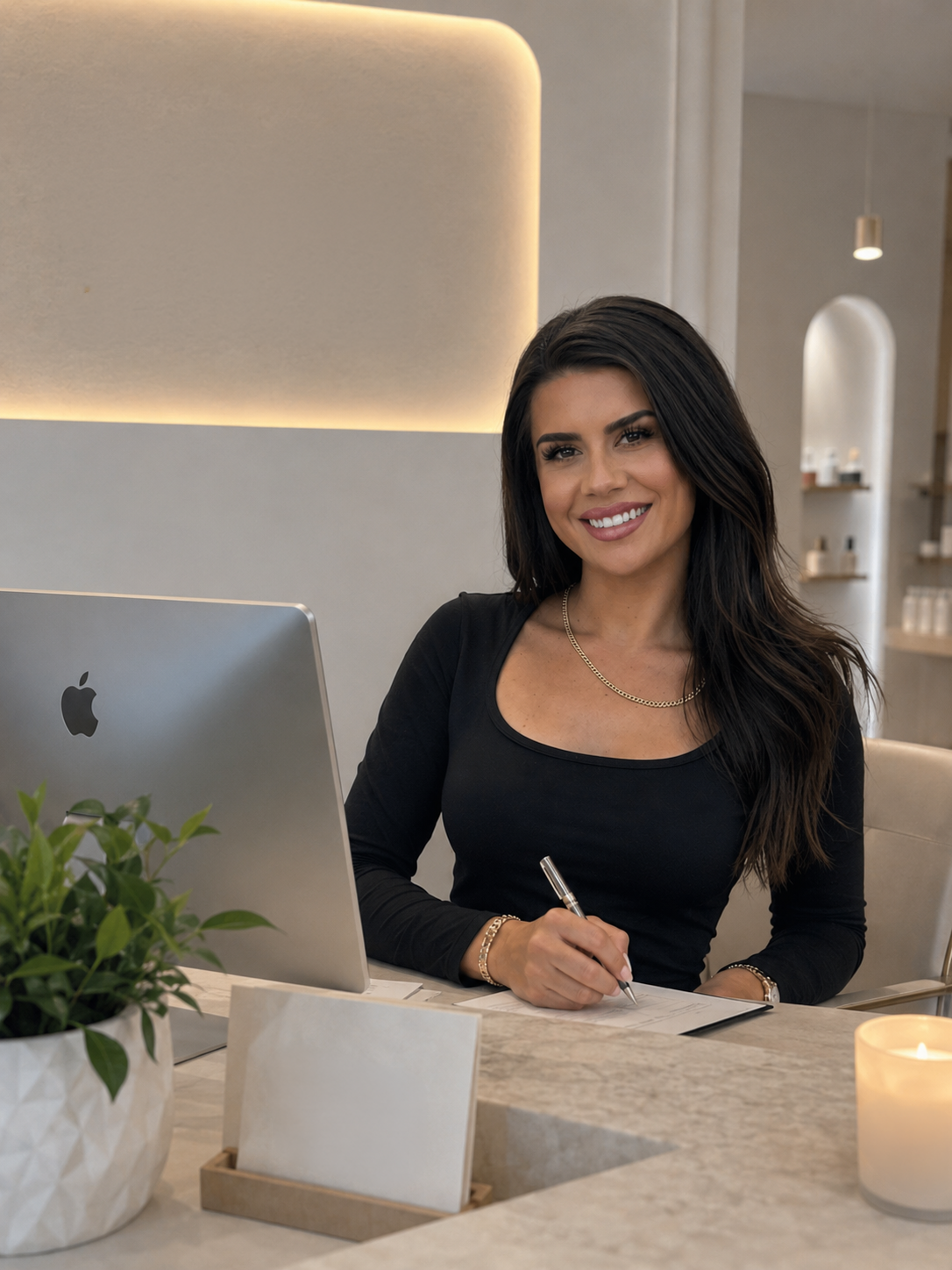 A woman with long dark hair and a black top, smiling and writing in a notebook at a workspace that includes an Apple computer, a potted plant, and a lit candle.