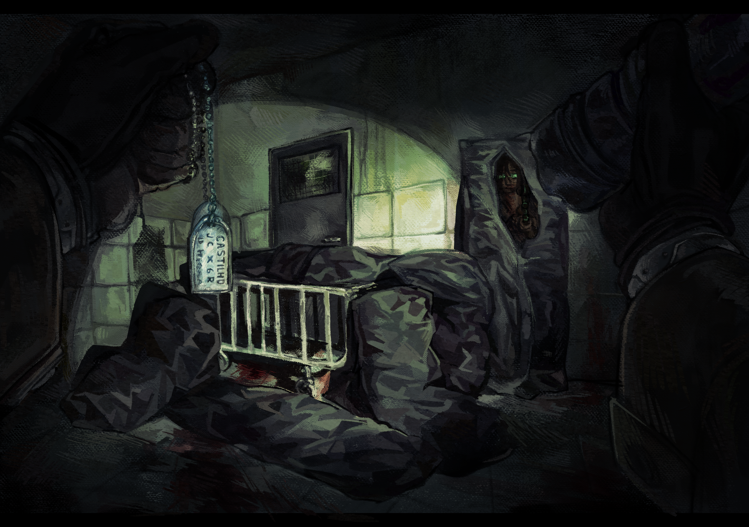 Scary hospital with bloody body bags and a murderer. 