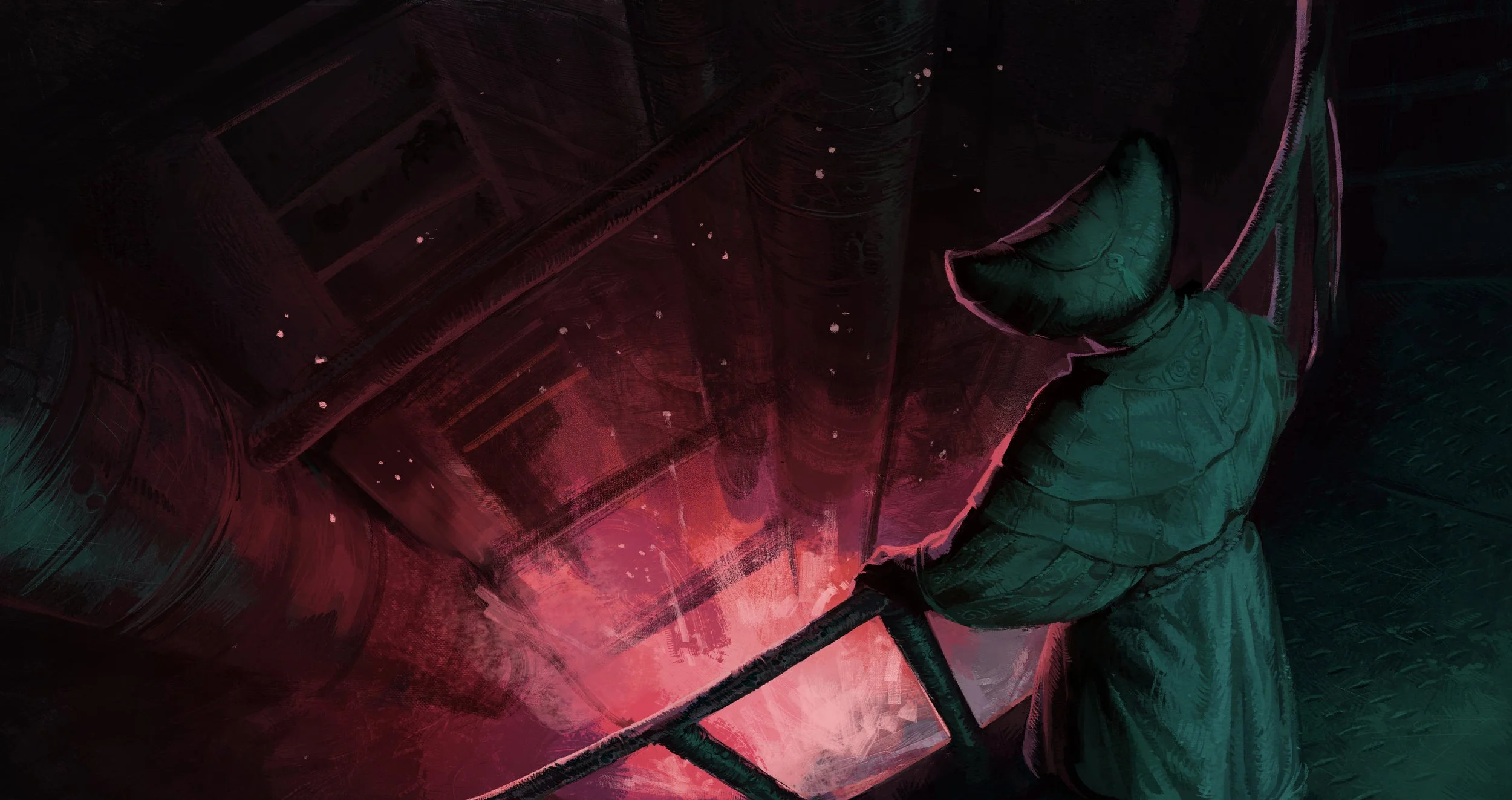 Fantasy woman looks down at fire in the mine.