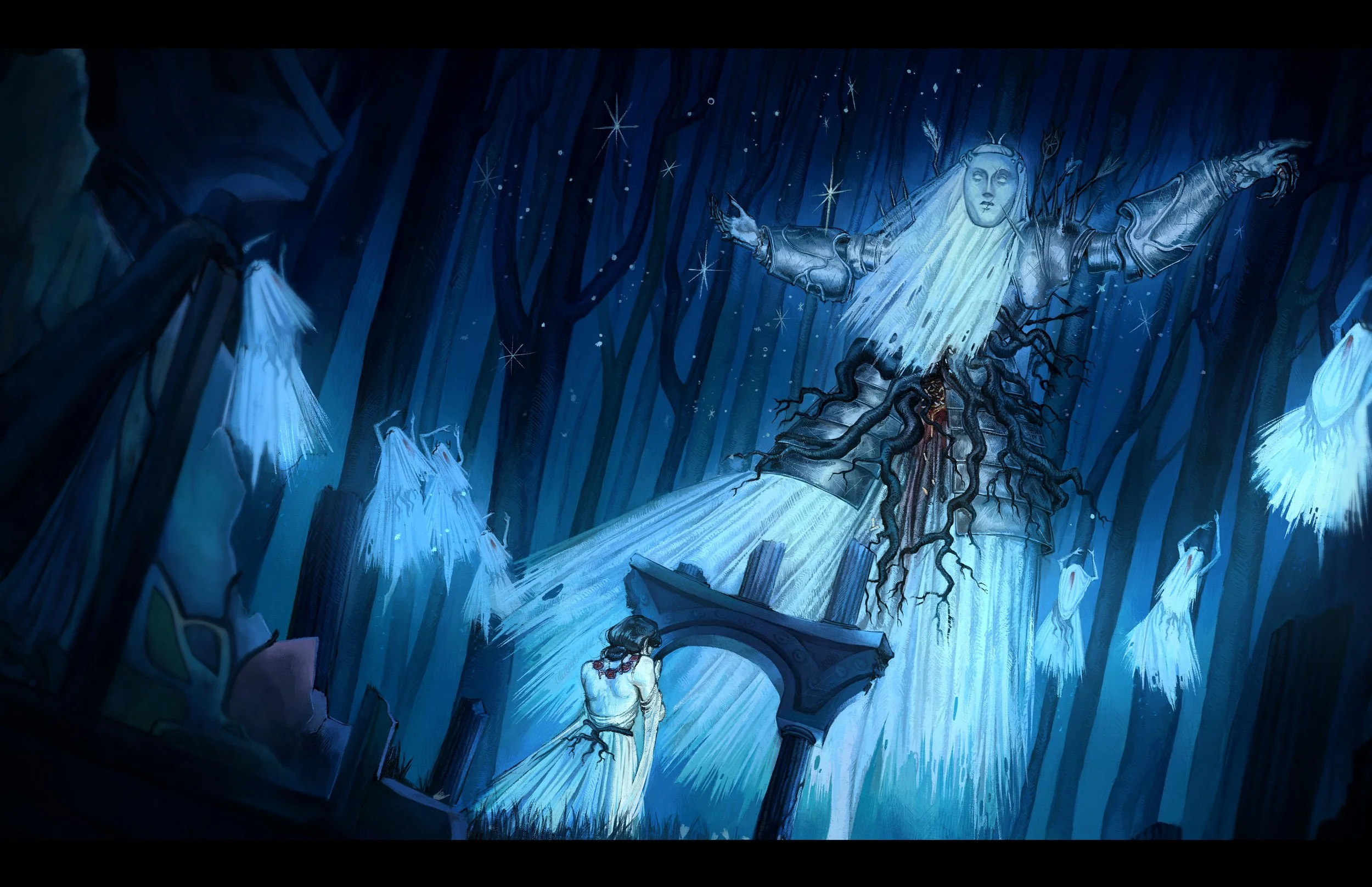 Woman in bloody armor in haunted forest.