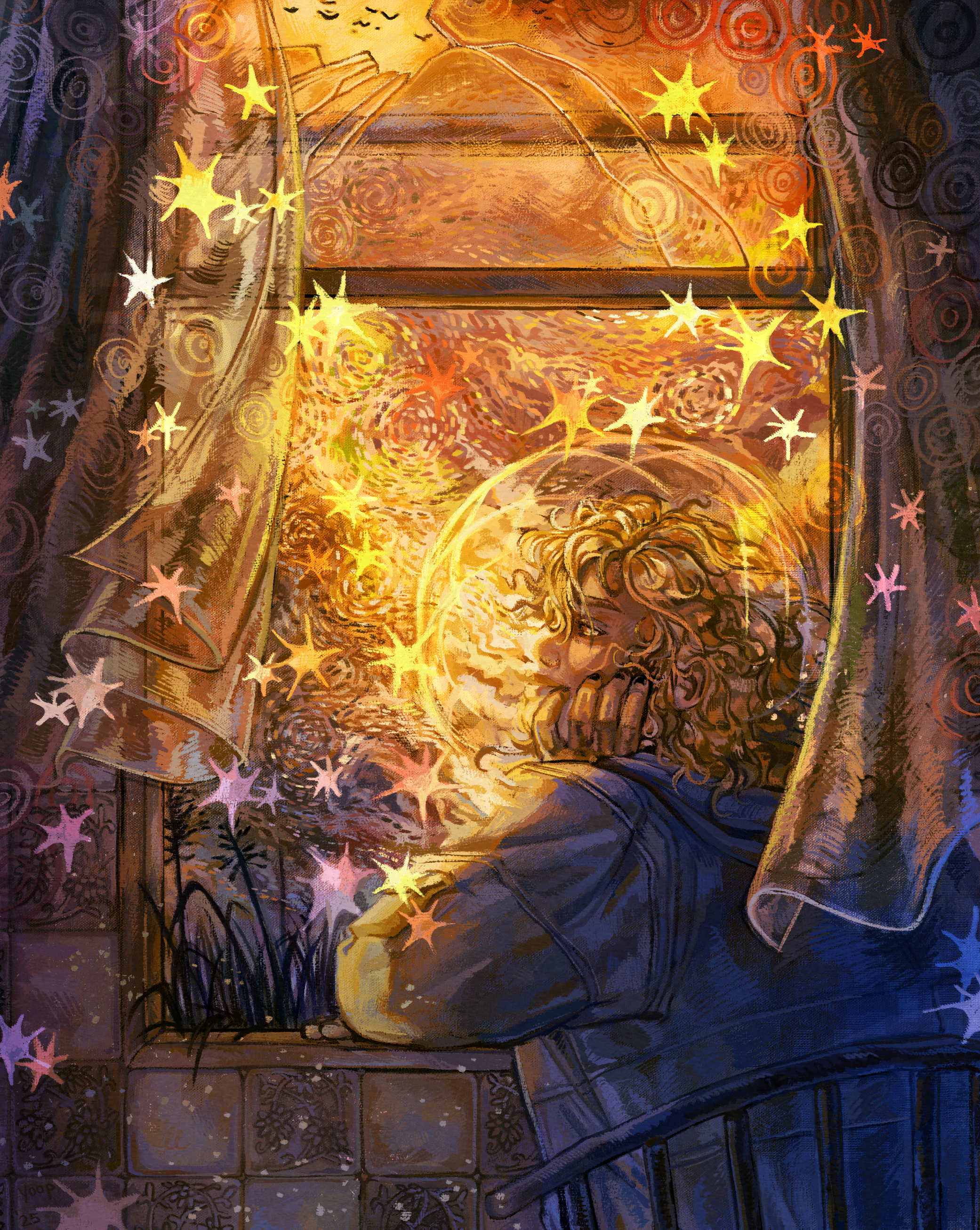 Boy looking out of the window and dreaming.
