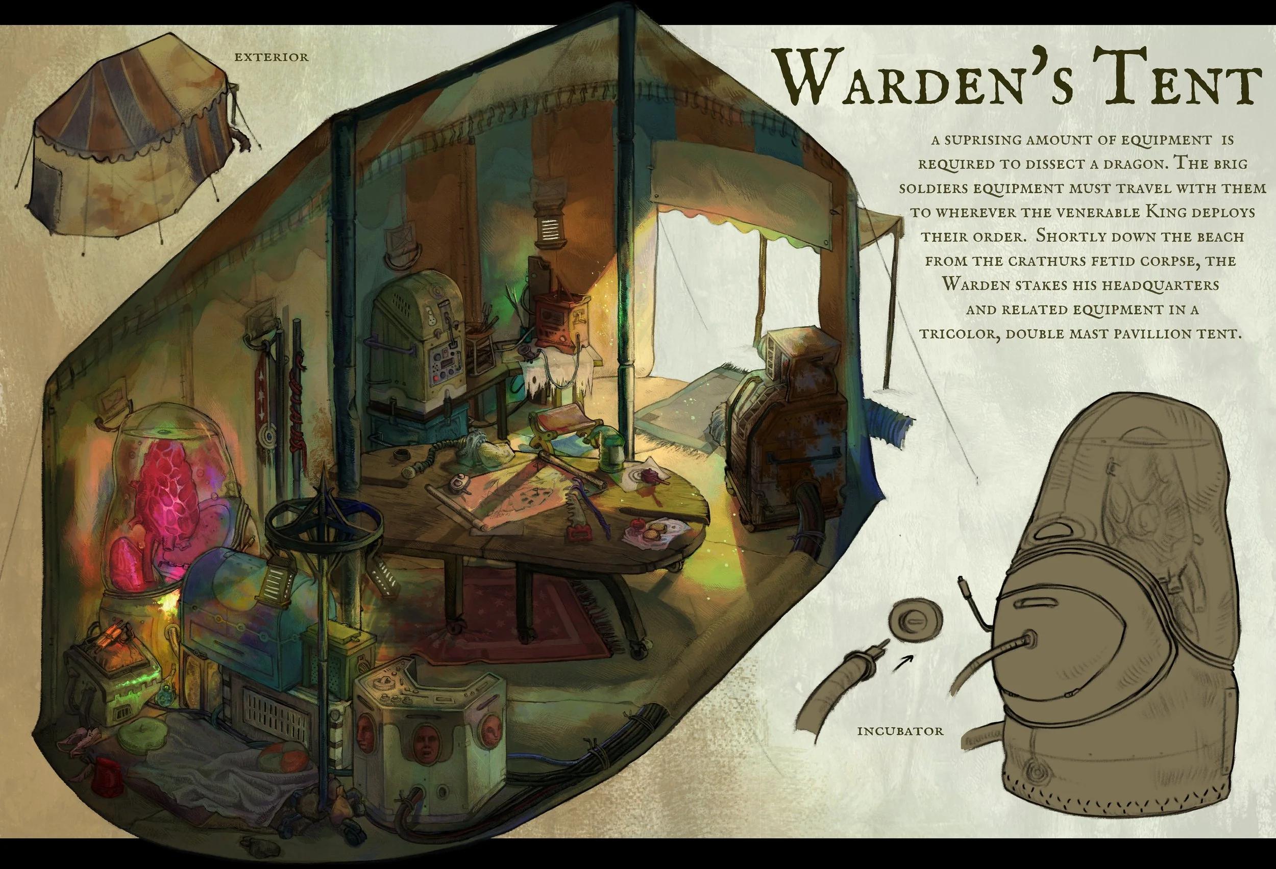 Isometric view of a fantasy tent in the sunset.