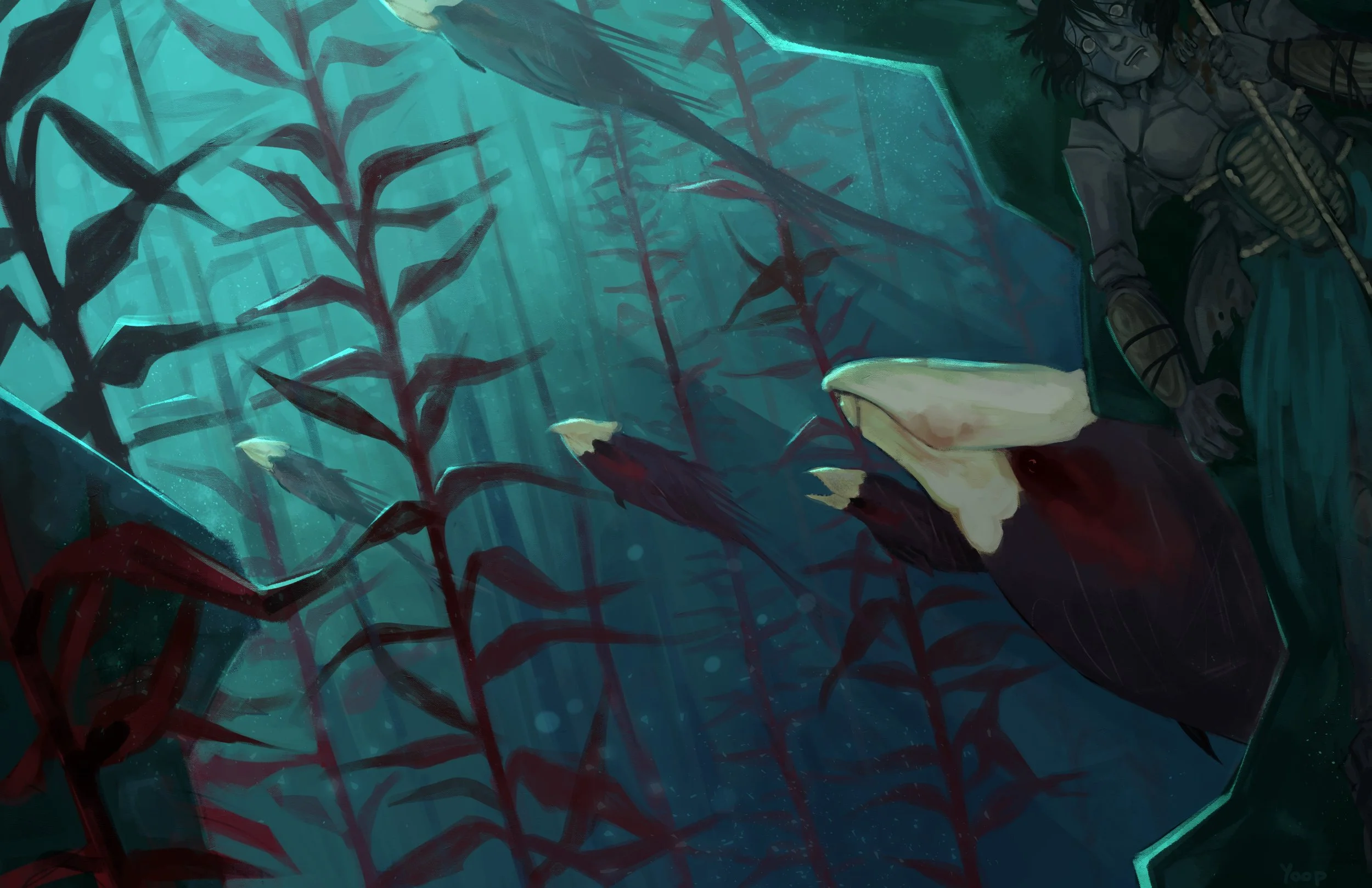 Scary underwater monsters hunting.