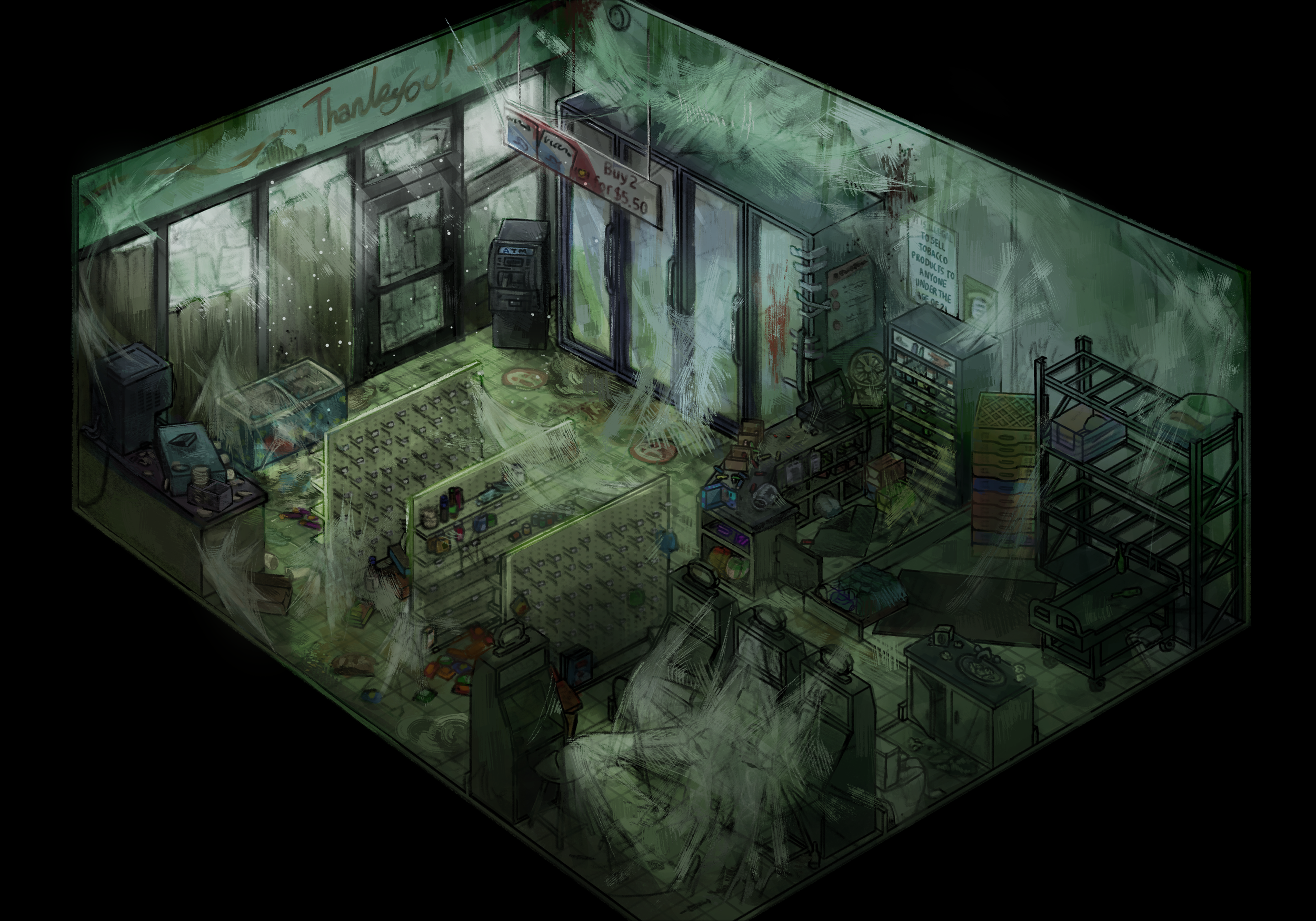 Post Apocalyptic Abandoned Gas Station Cobwebs Illustration