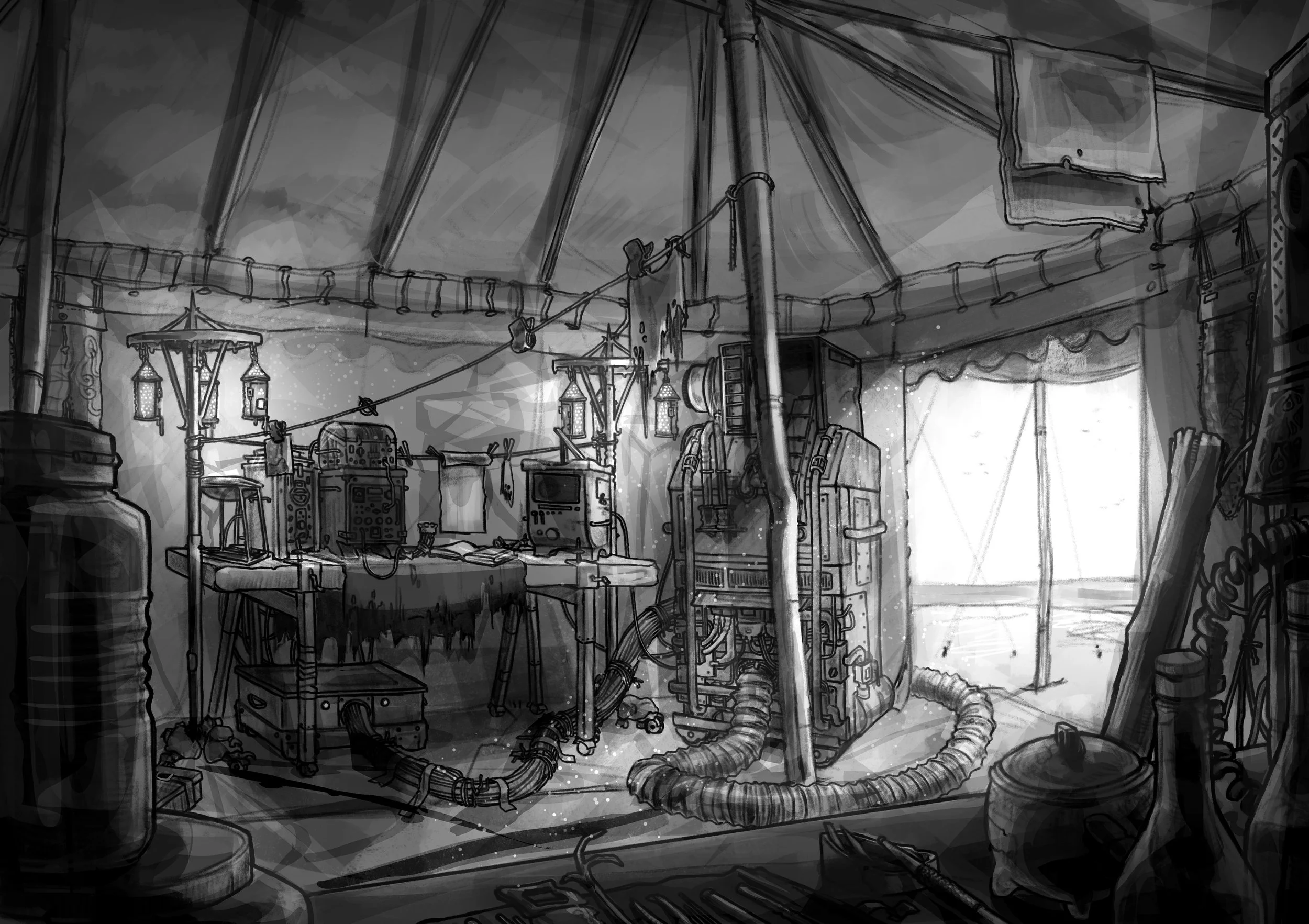 Black and white drawing inside of a fantasy tent.