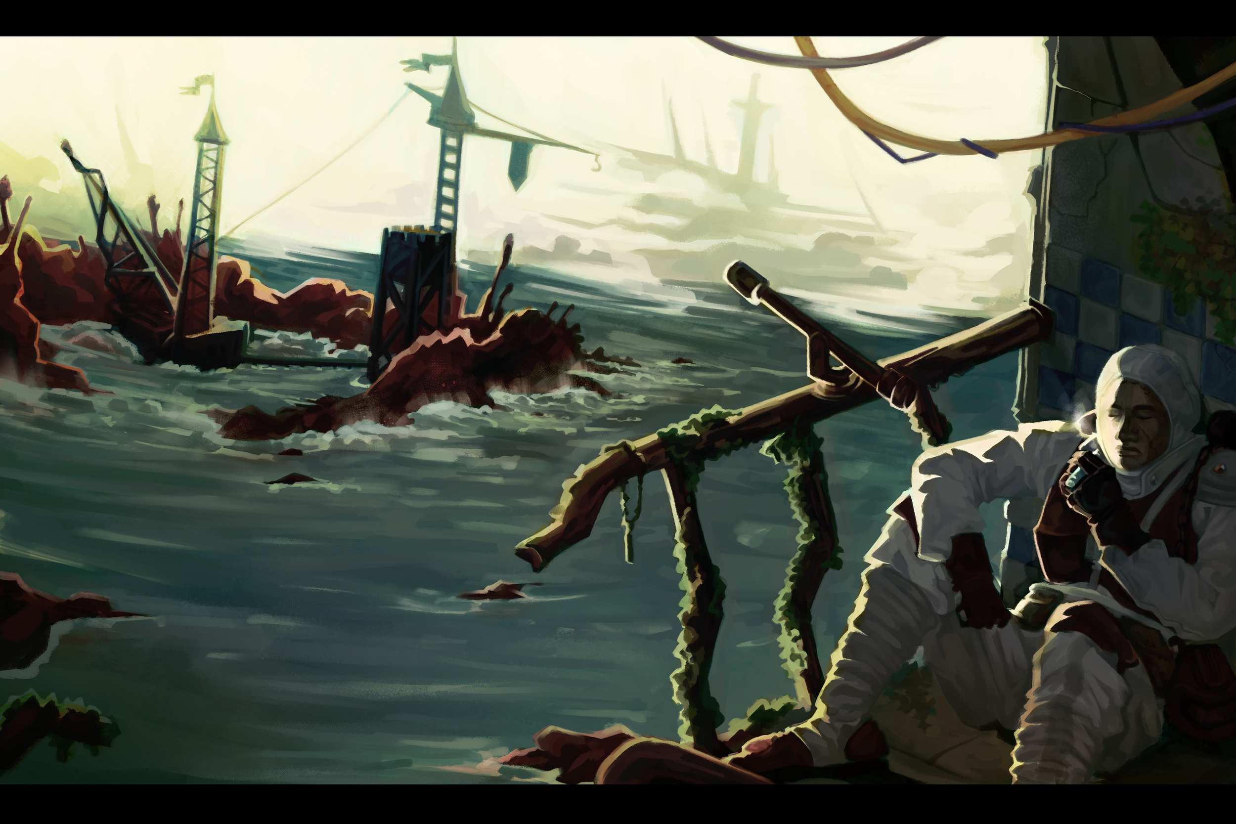 Woman smoking in fantasy setting by the ocean.