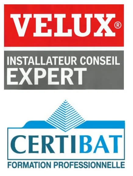 Logo de Velux avec le texte "Installateur Conseil Expert" et logo de Certibat avec le texte "Formation Professionnelle".