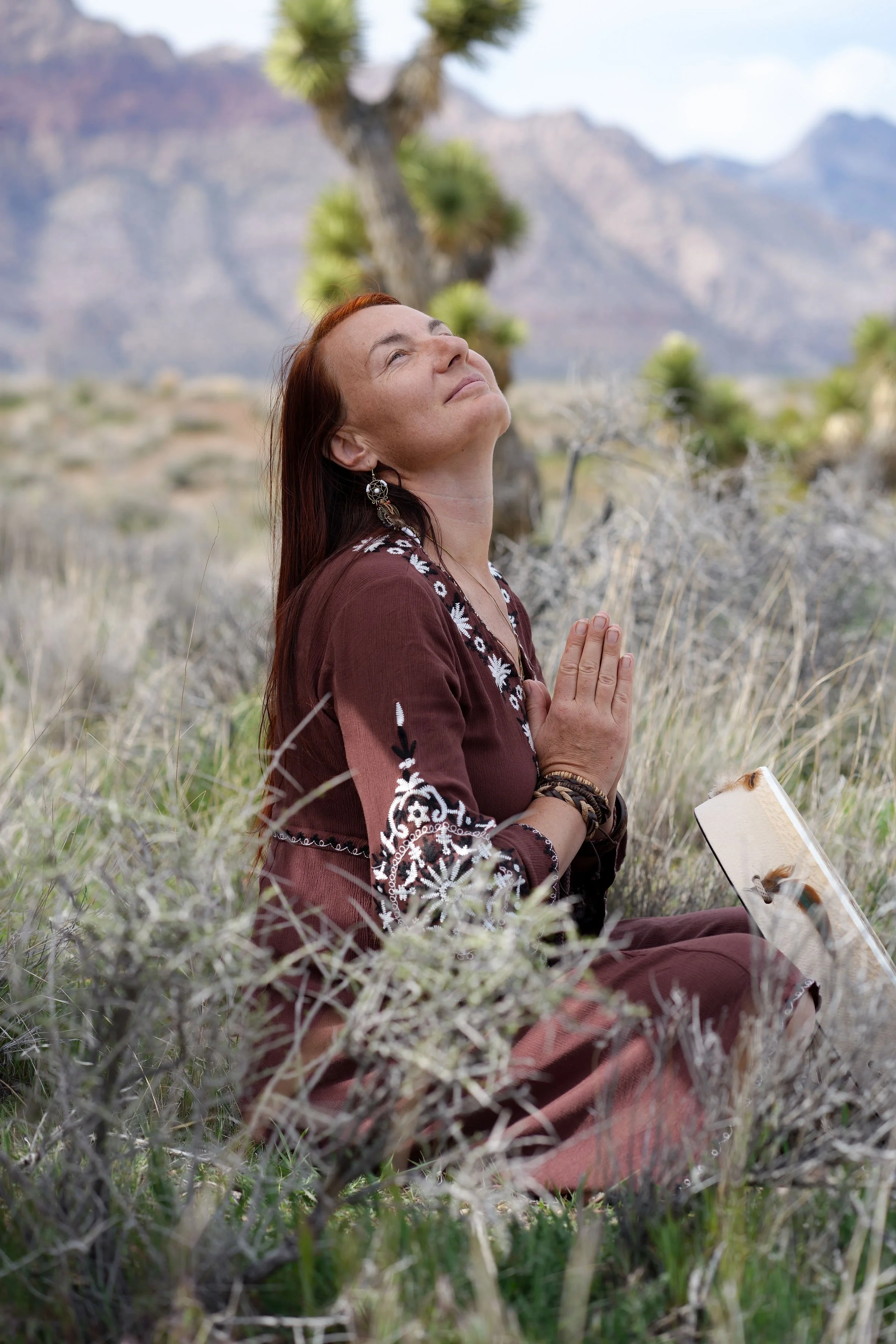 A woman with long red hair practicing yoga outdoors in a desert landscape, sitting cross-legged with hands in prayer position, wearing earrings and a brown embroidered dress, with mountains and a Joshua tree in the background.