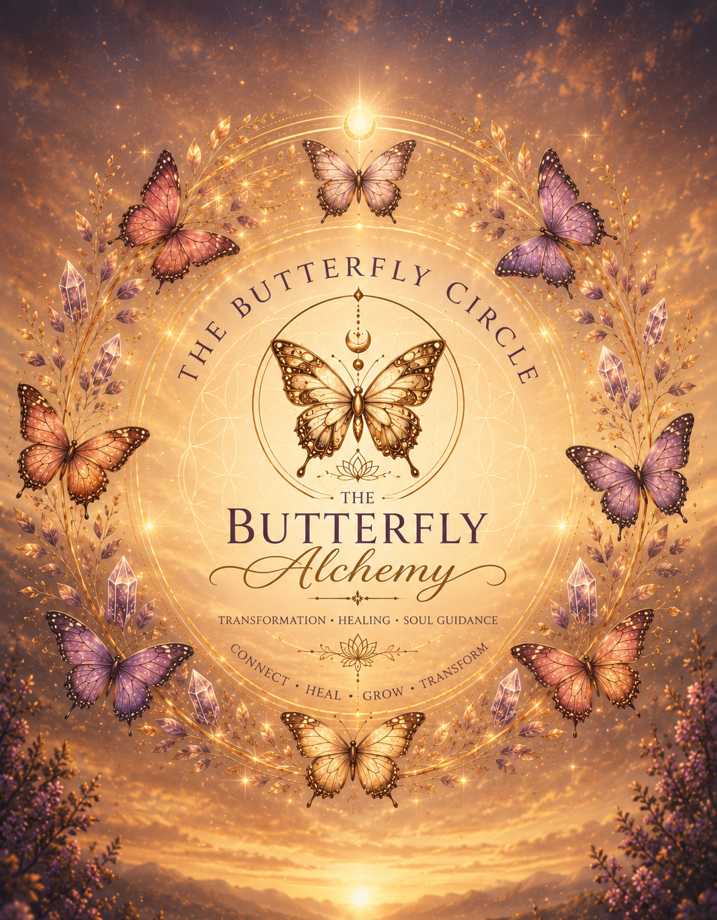 The Butterfly Circle hero image featuring a golden butterfly surrounded by a circle of butterflies, sacred geometry, crystals, and a glowing sunrise symbolizing healing, connection, personal transformation, and spiritual community.