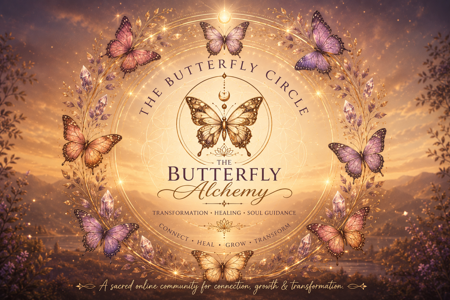 Butterflies arranged in a circle around a radiant center, representing The Butterfly Circle, an online community for meditation, energy healing, spiritual growth, and connection.