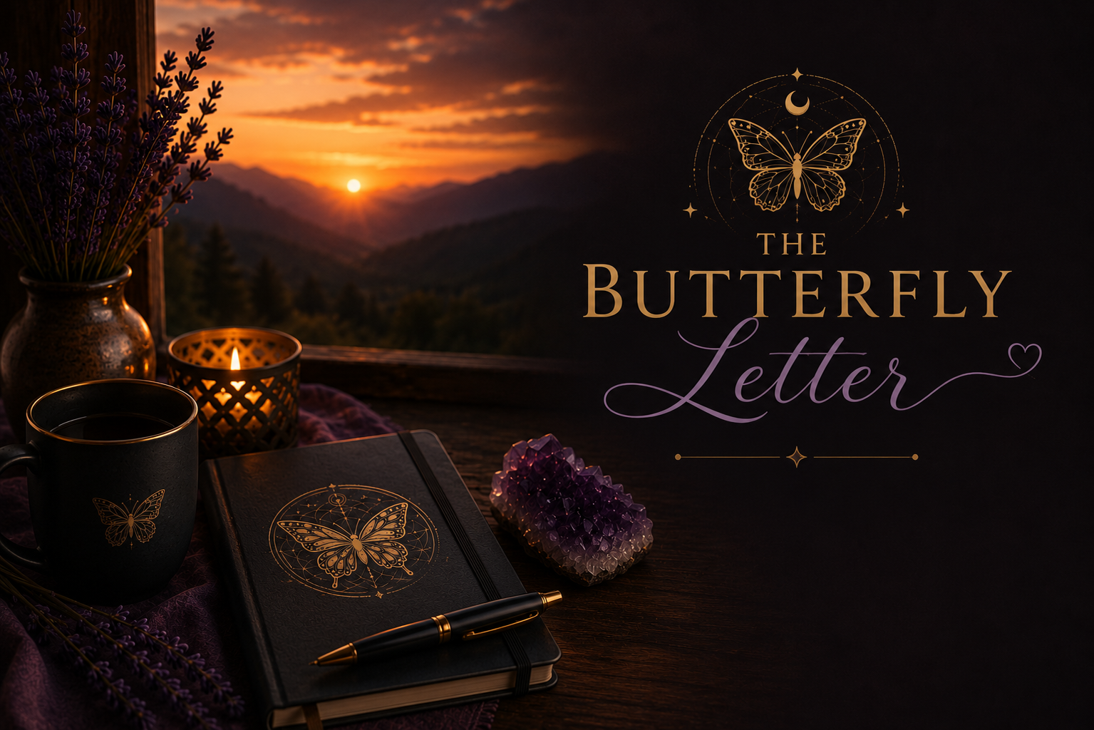 The Butterfly Circle artwork featuring candles, crystals, a journal, and a mountain sunset, representing a monthly online community for energy healing, meditation, and spiritual growth.
