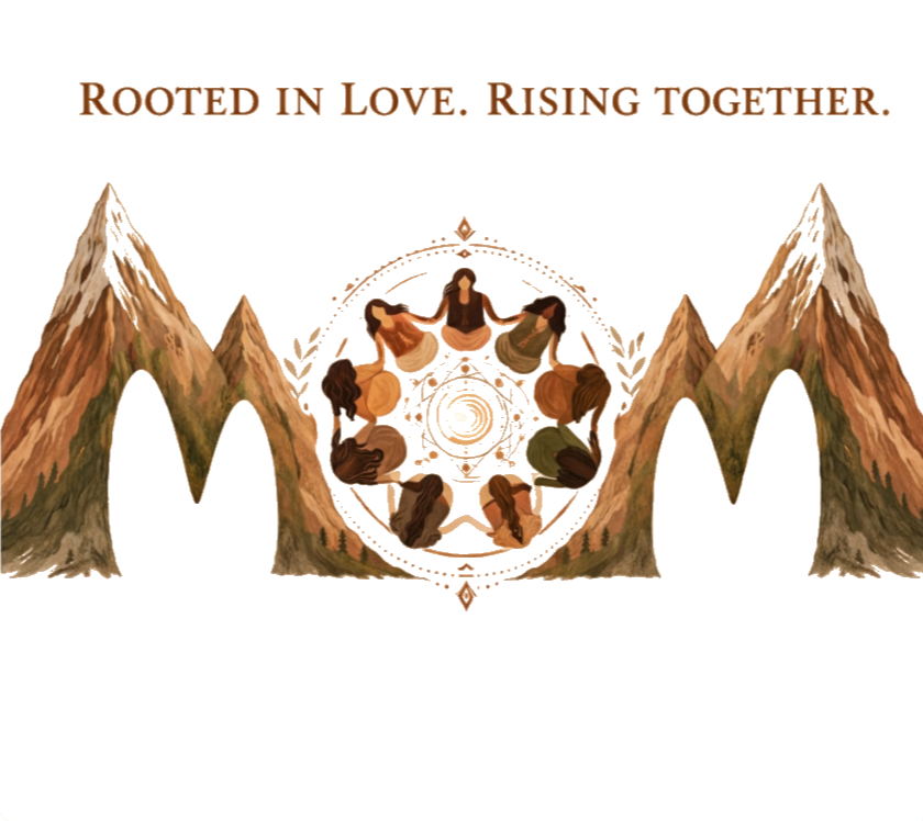Illustration of mountains with a heart-shaped design and people sitting in a circle, with the phrase "Rooted in Love, Rising Together" at the top.