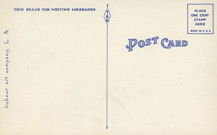 Blank vintage postcard with space for writing a message on the left, a stamp box in the upper right corner, and decorative header.