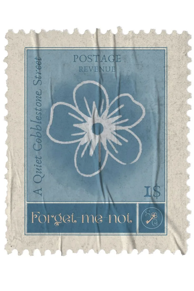 A vintage-style postage stamp with a blue background and a white flower illustration in the center. The stamp has text including "A Quiet Coblestone Street," "POSTAGE REVENUE," and "Forget-me-not," with a small emblem of a barefoot key and flower in the bottom right corner.