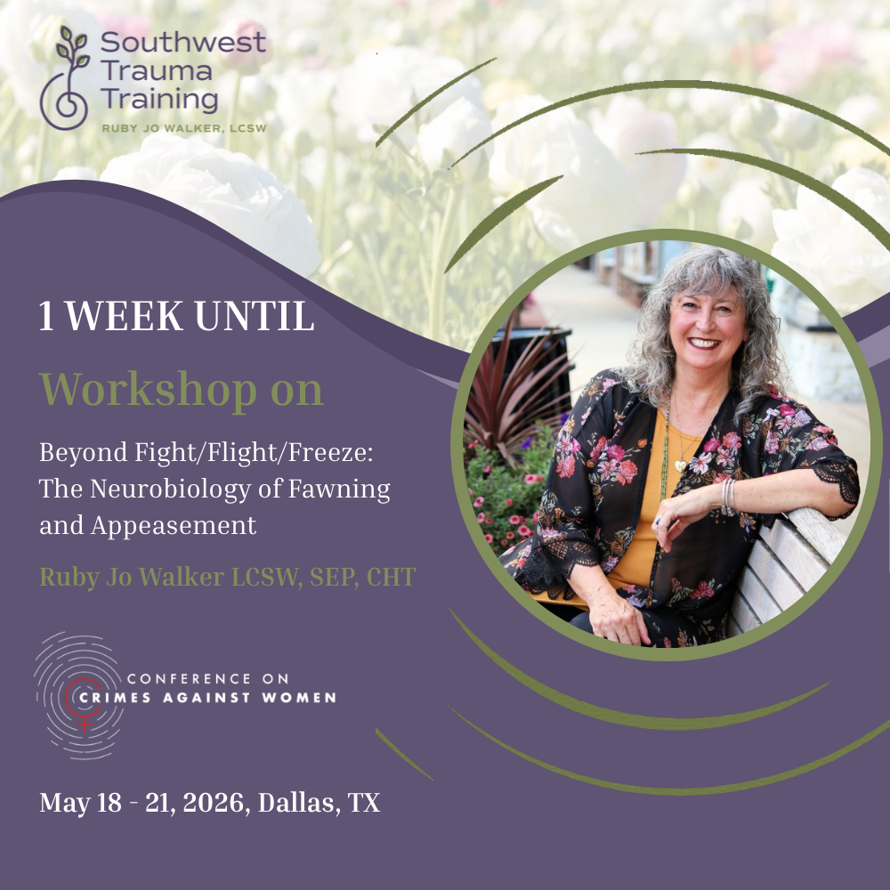  An event announcement graphic for Ruby Jo Walker's workshop on the neurobiology of fawning at the Conference on Crimes Against Women, May 18–21, 2026 in Dallas, TX.