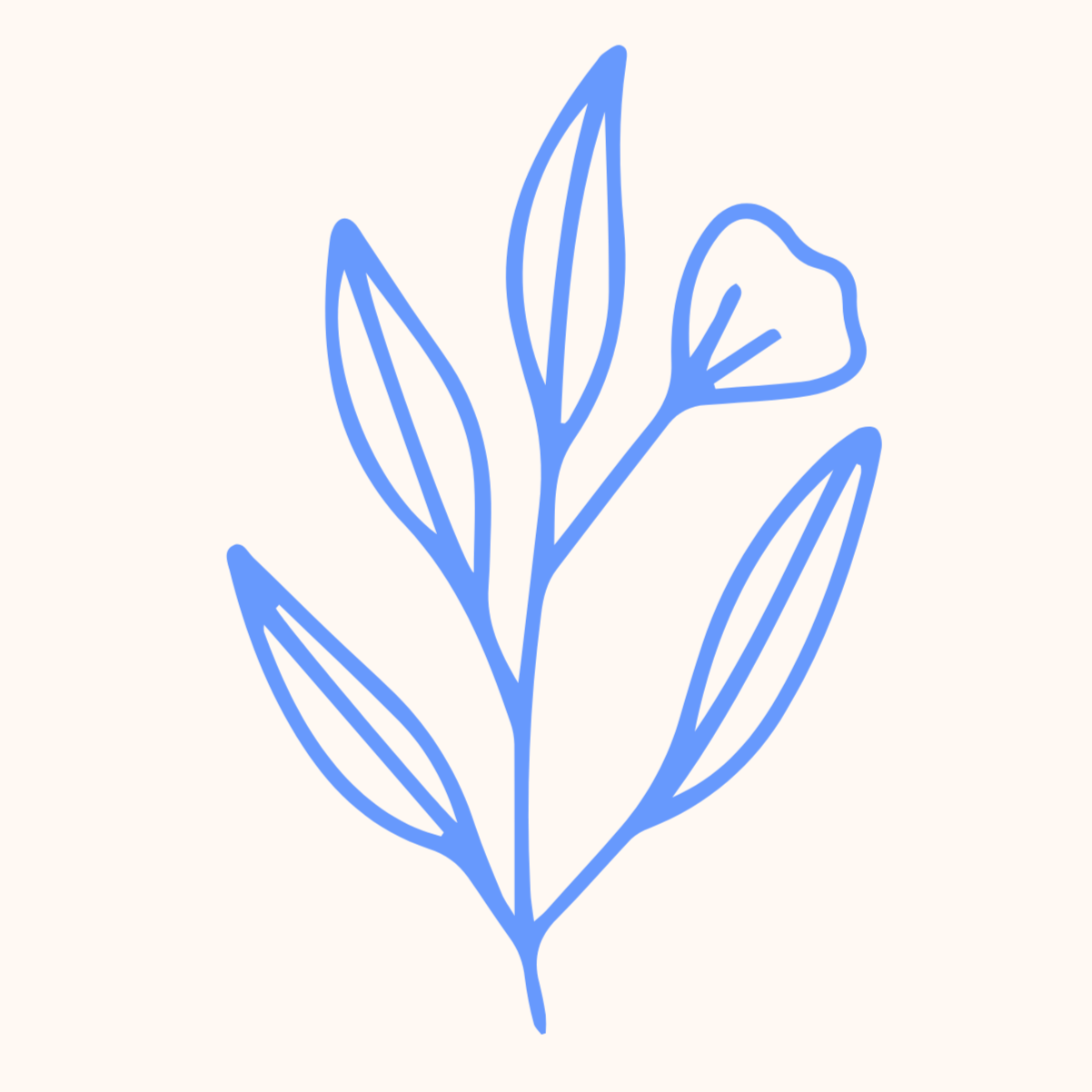 Line drawing of a sprig of leaves and a flower in blue on a light background.