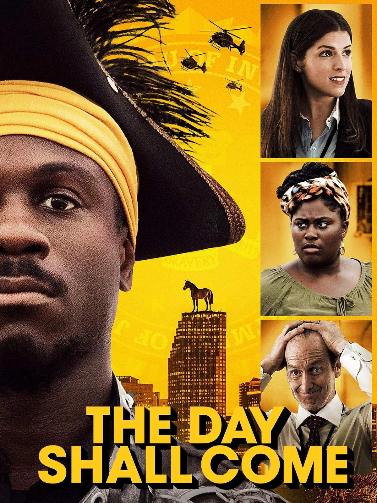 A collage featuring a man in traditional attire with a wide-brimmed hat and yellow head wrap in the foreground, with a city skyline, and three women with different facial expressions on the right side. The background is yellow with images of helicopters, a horse on top of a building, and the words 'Unity' and 'Bravery.' The text at the bottom reads 'The Day Shall Come'.