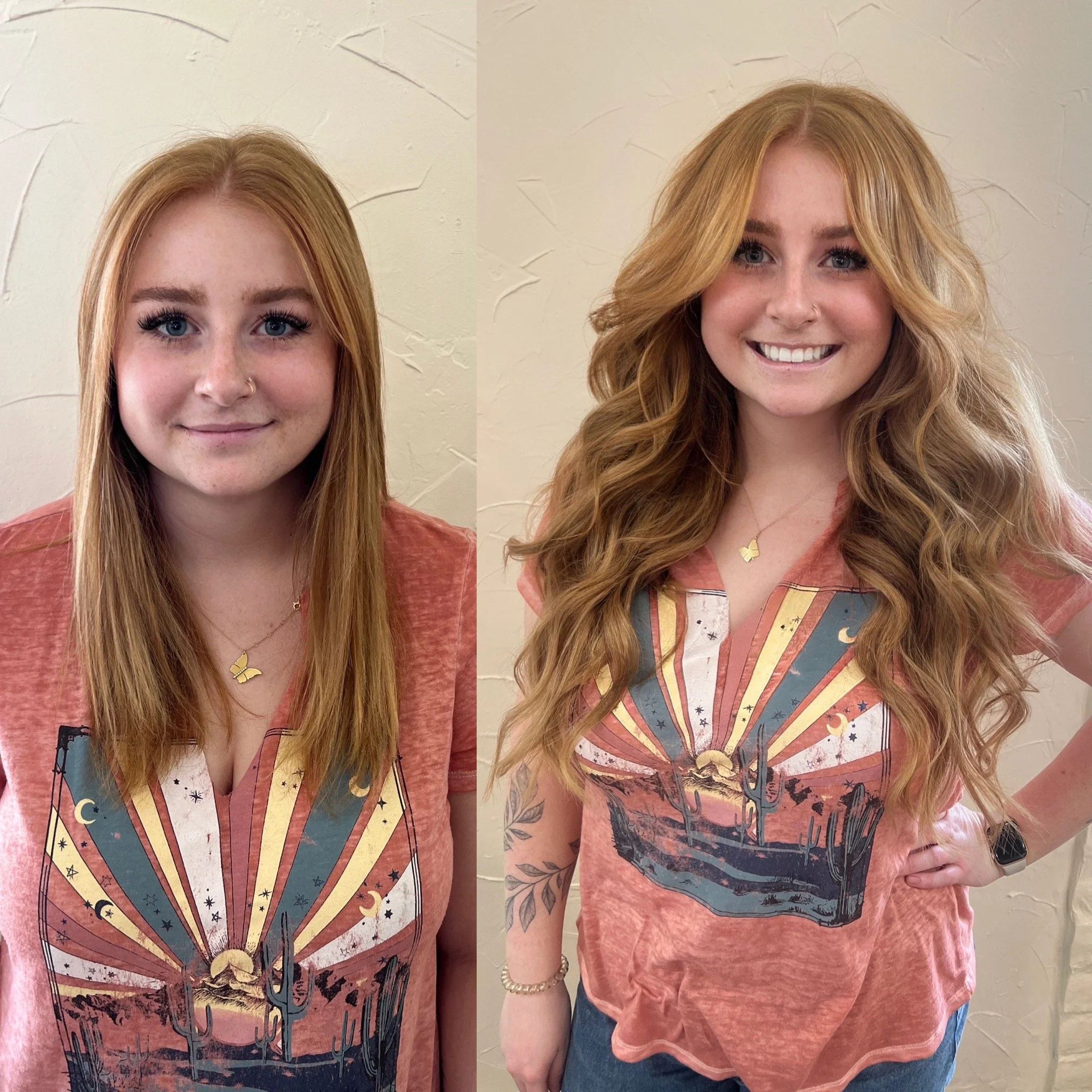 Side-by-side images of a young woman with red hair wearing a graphic T-shirt and an orange sweater. In the left image, she is smiling slightly with her hair over her shoulders, and on the right, she is smiling more broadly, showing her teeth, with he