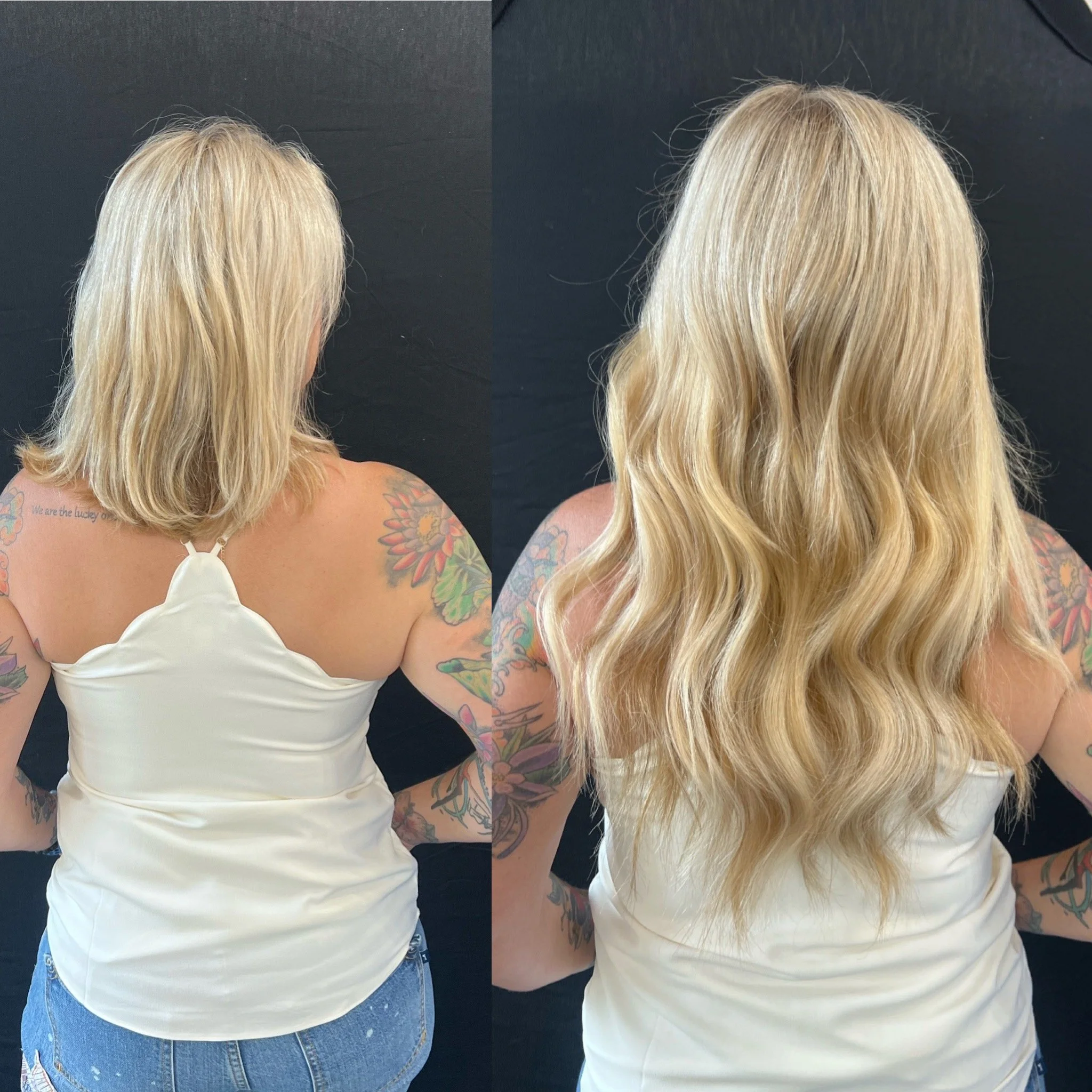 Side-by-side comparison of a woman with blonde hair before and after a hair treatment, showing smoother, shinier hair on the right.