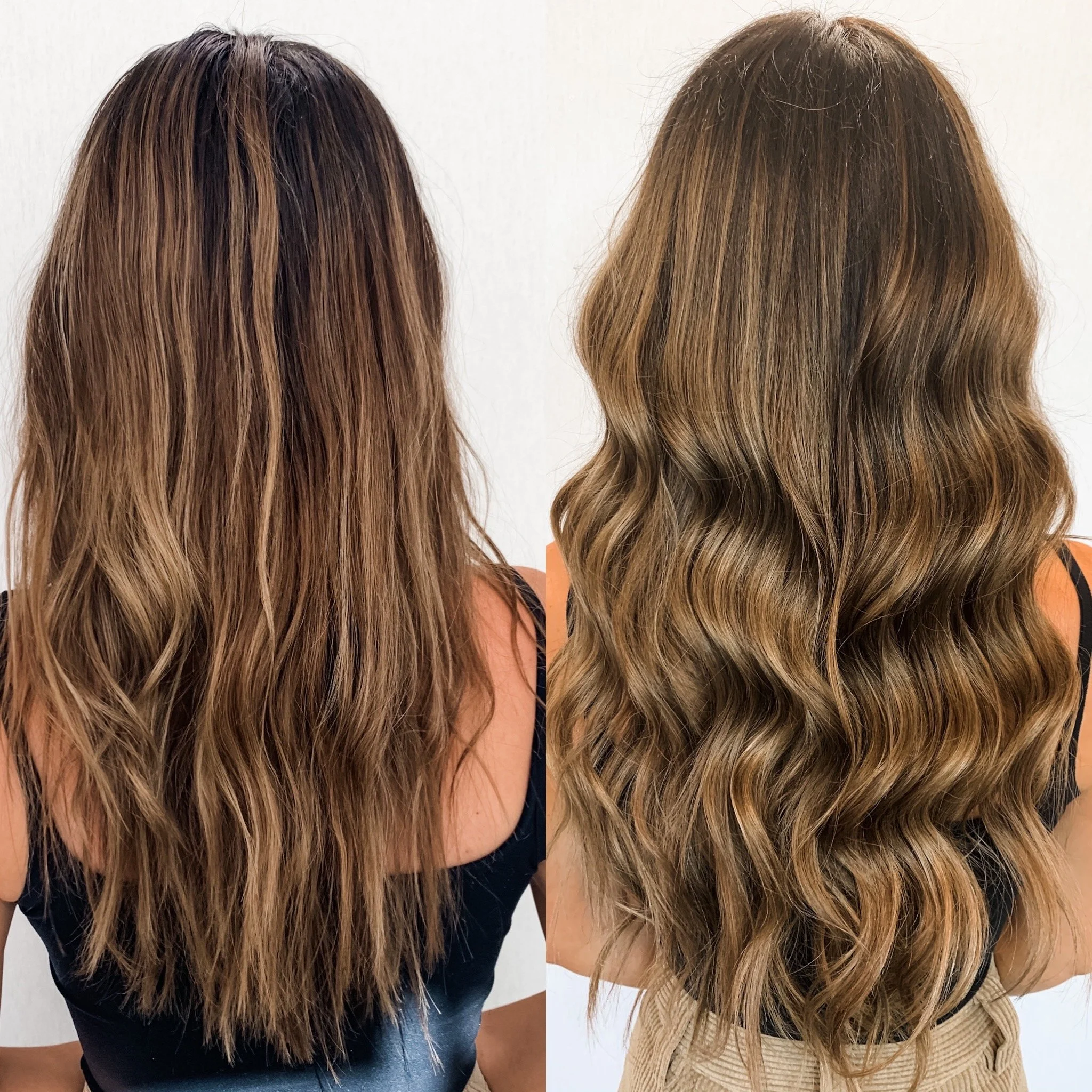 Comparison of two women's hair from the back, showing different hair textures and colors.
