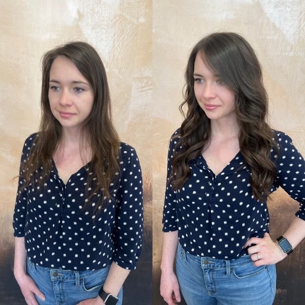 Two side-by-side photos of the same young woman with long brown hair wearing a navy blue polka dot blouse and blue jeans, showing before and after hair styling.