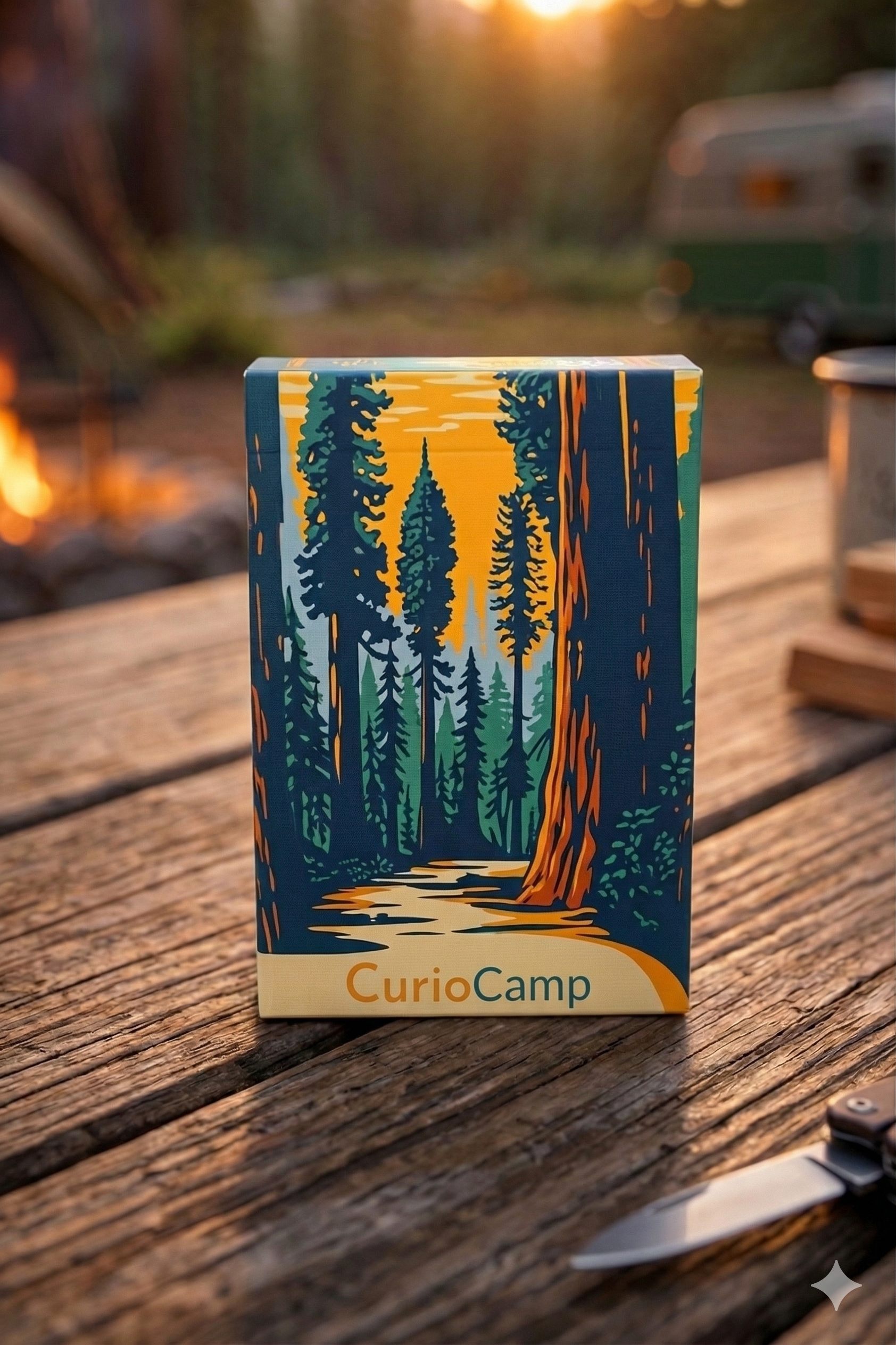 A box with a colorful forest illustration featuring tall trees and a pathway, labeled 'CurioCamp,' placed on a wooden surface outdoors at sunset.