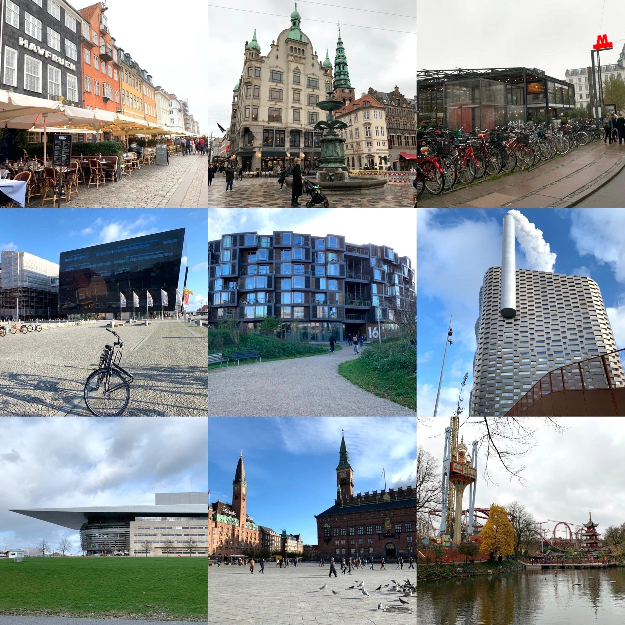 Collage of urban scenes including historic buildings, modern architecture, a park, a river with amusement park rides, and public squares in a city.