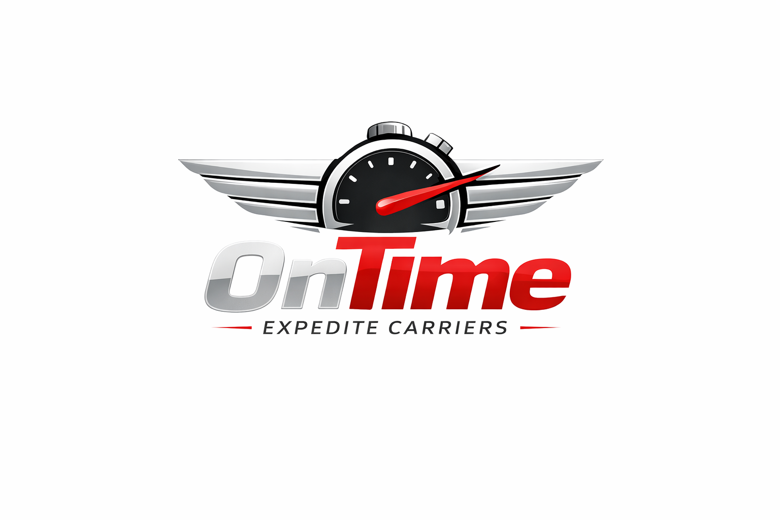 Logo for OnTime Expedite Carriers featuring a speedometer with wings and the words 'OnTime' in gray and red, and 'Expedite Carriers' below.