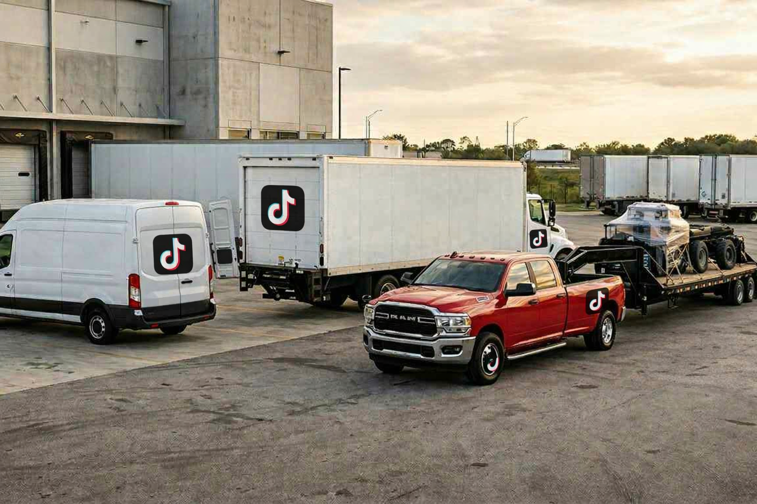 Multiple delivery trucks and vans parked outside a building, all adorned with the TikTok logo.