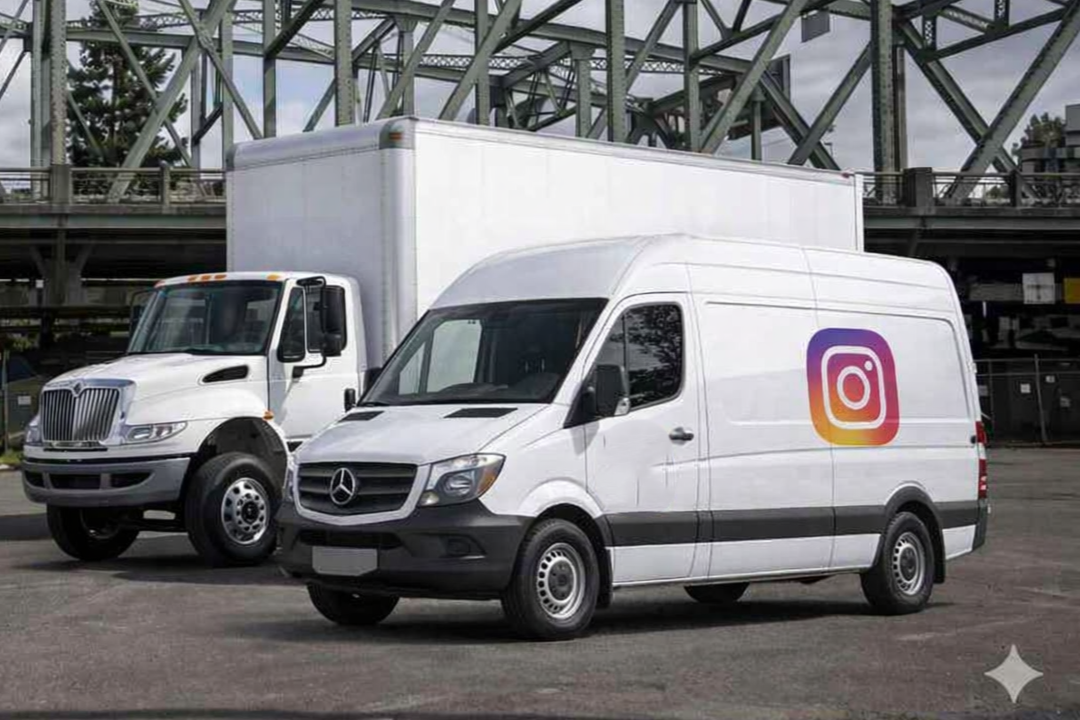 Two delivery vans parked outdoors, one with the Instagram logo on the side.