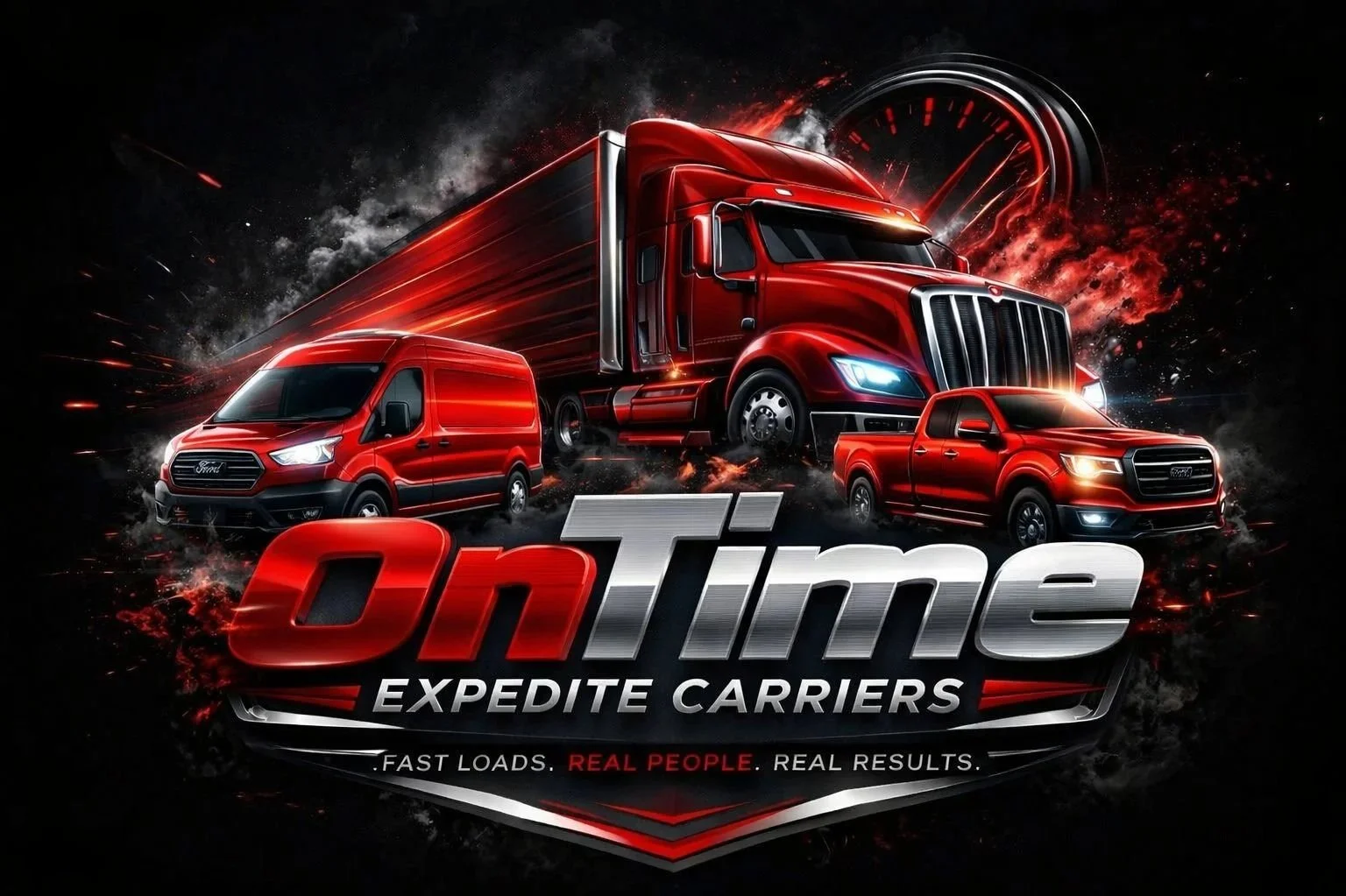 A graphic advertisement for OnTime Expedited Carriers featuring red trucks and vans on a black background with fiery effects, and text highlighting fast load delivery and real results.
