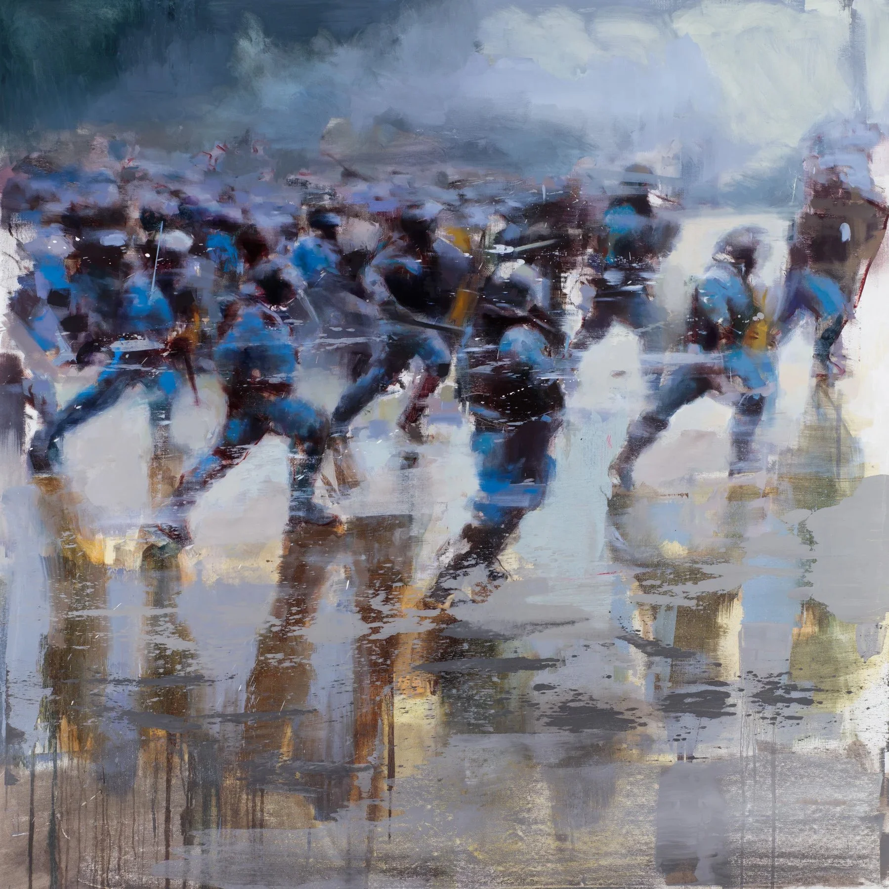 Abstract painting of a crowded street scene with people walking, some umbrellas, and reflections on wet pavement, using impressionistic brushstrokes and a cool color palette.