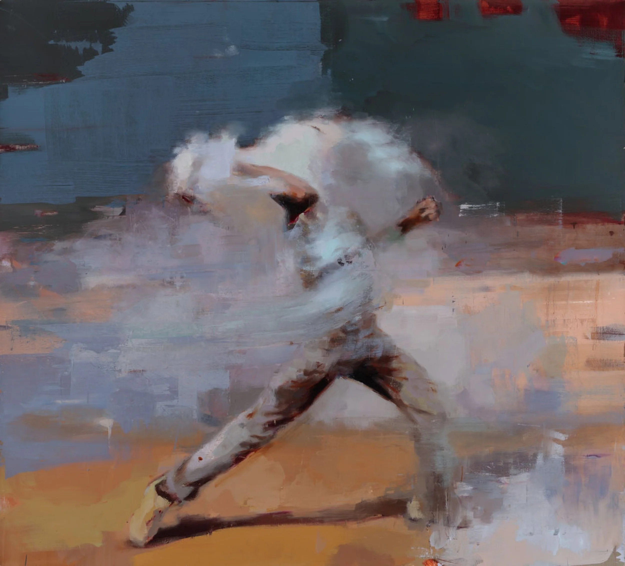 Painting of a dog, likely a husky or similar breed, lying down on the ground in an outdoor setting, with a background of trees and sky in an impressionistic style.