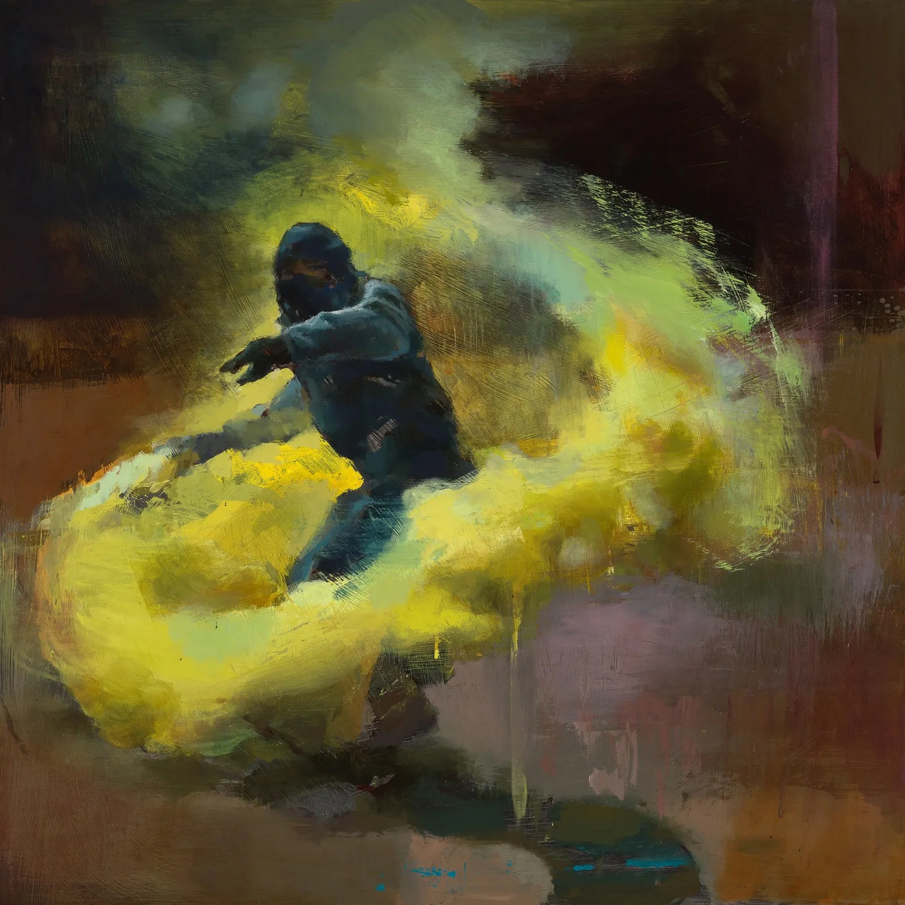 The Thrower: demonstrator throwing a yellow flare.