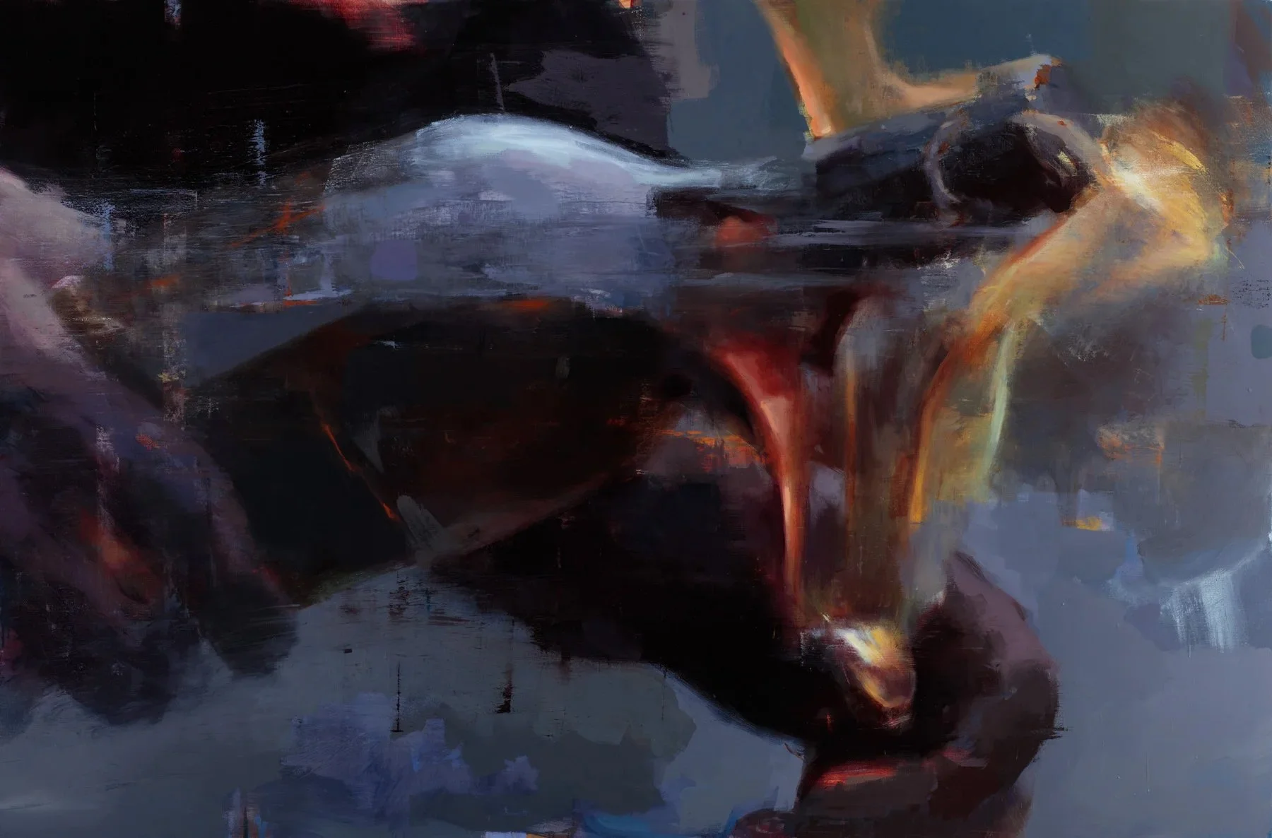 An abstract painting with dark and vibrant colors, showing brushstrokes that create a sense of motion and depth.