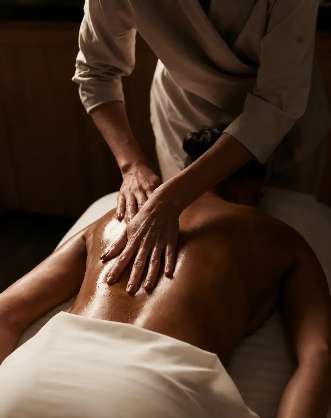 Massage therapy treatment in a calm wellness studio with relaxing warm lighting and therapeutic back massage.
