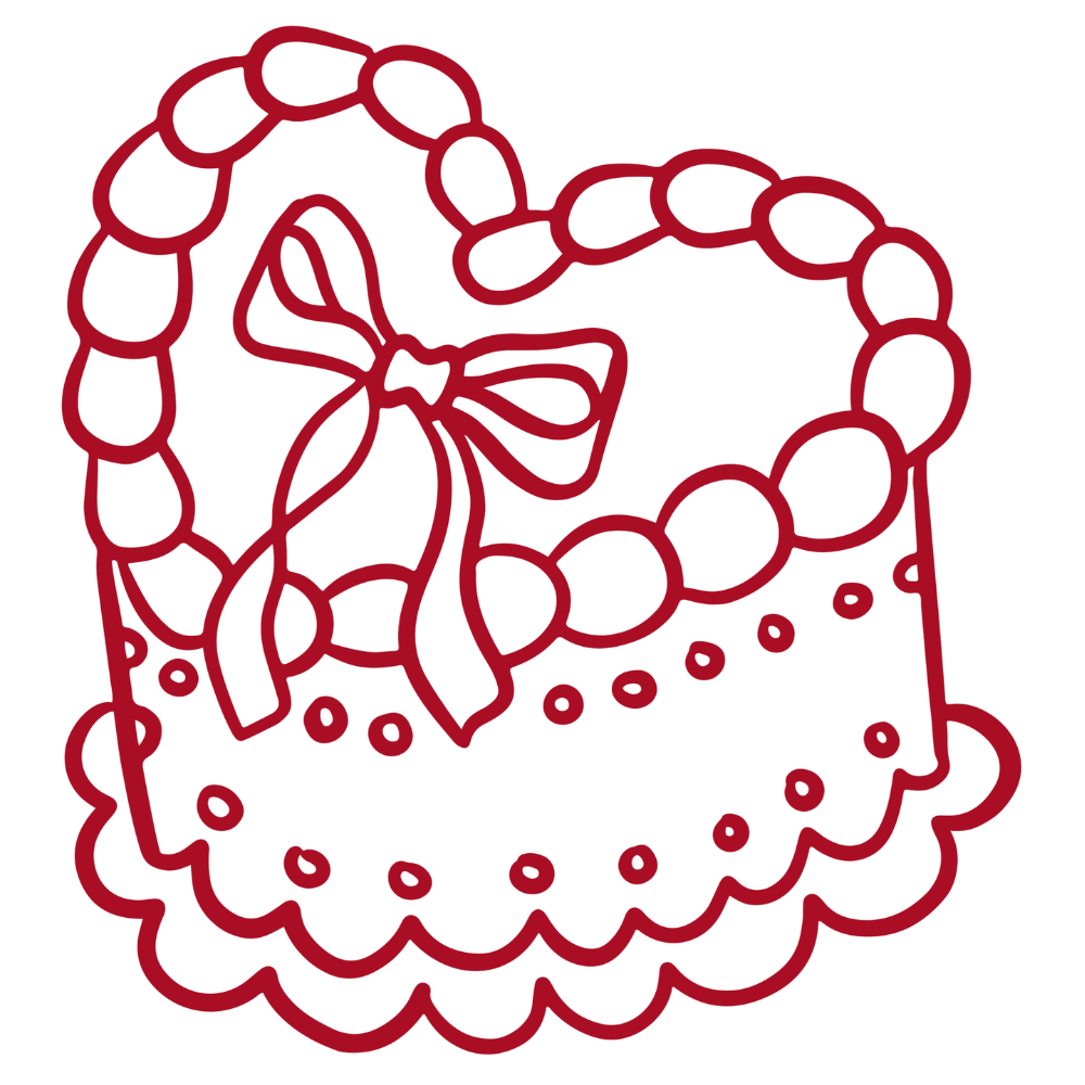 Line drawing of a heart-shaped cookie decorated with dotted icing and a bow on top.
