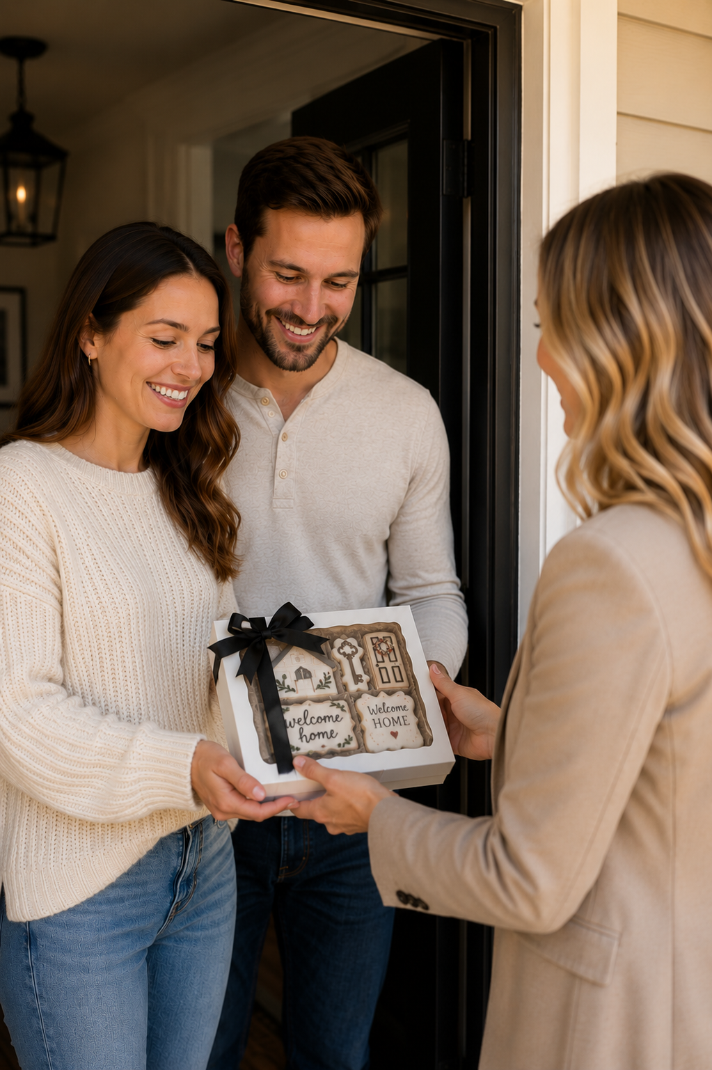 A woman is giving a box of decorated cookies with the words 'Welcome Home' to a smiling couple at their front door.