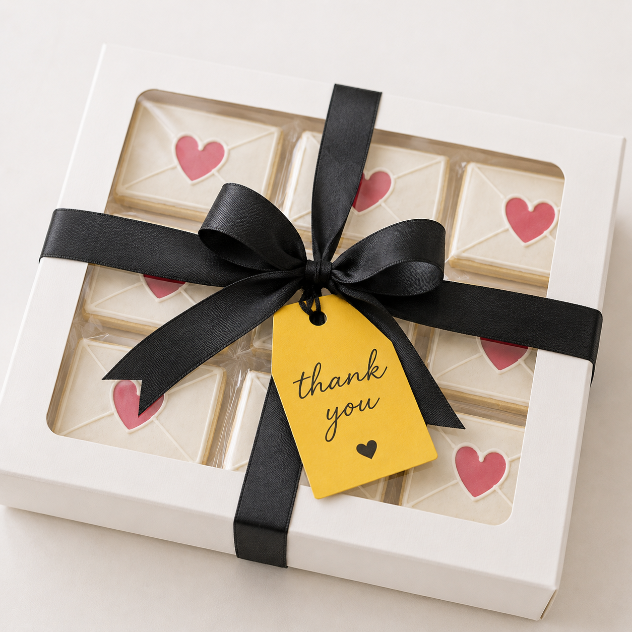A gift box containing heart-themed cookies decorated with pink hearts and white icing, wrapped with a black ribbon and a yellow thank you tag.
