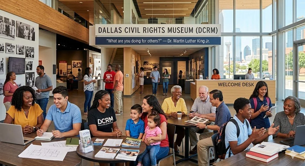 Image of a diverse group of people smiling while inside the Dallas Civil Rights Museum