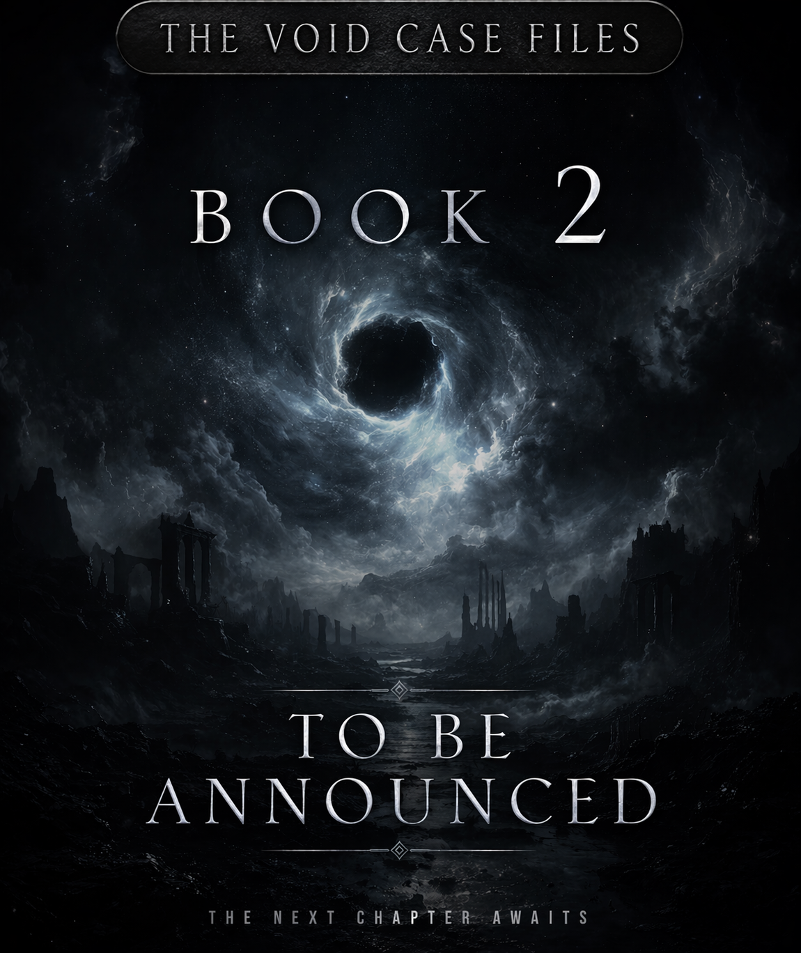 Book cover titled 'The Void Case Files: Book 2 to Be Announced' with a dark, cosmic scene featuring a black hole or vortex in the sky, and ruins or ancient structures in a black and blue color scheme.