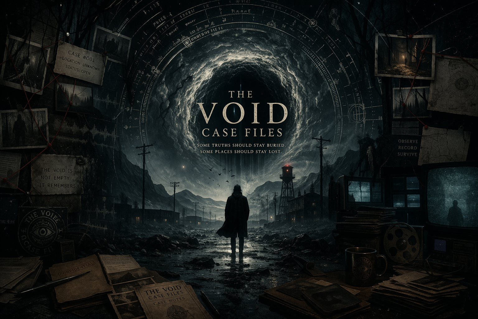 Dark, mysterious scene with a person walking down a deserted street at night, surrounded by mountains, telephone poles, and a water tower. The sky features a swirling vortex with celestial and scientific markings, and the title 'The Void Case Files' is centered with text reading 'Some truths should stay buried. Some places should stay lost.' Various notes, photos, and documents are scattered on tables in the foreground, suggesting an investigation into supernatural or mysterious phenomena.