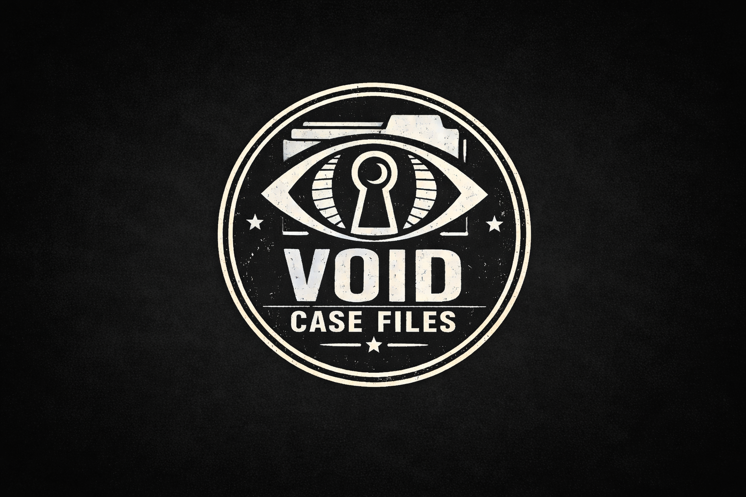 A black background with a circular emblem featuring an eye with a keyhole inside. Underneath, the text reads 'VOID CASE FILES'.