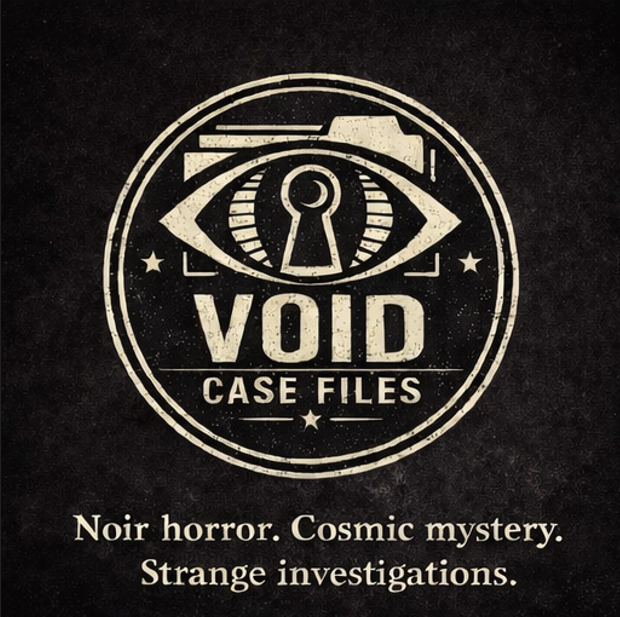 A logo with an eye and a keyhole in the center, and the words "VOID CASE FILES." Below, it says "Noir horror. Cosmic mystery. Strange investigations."