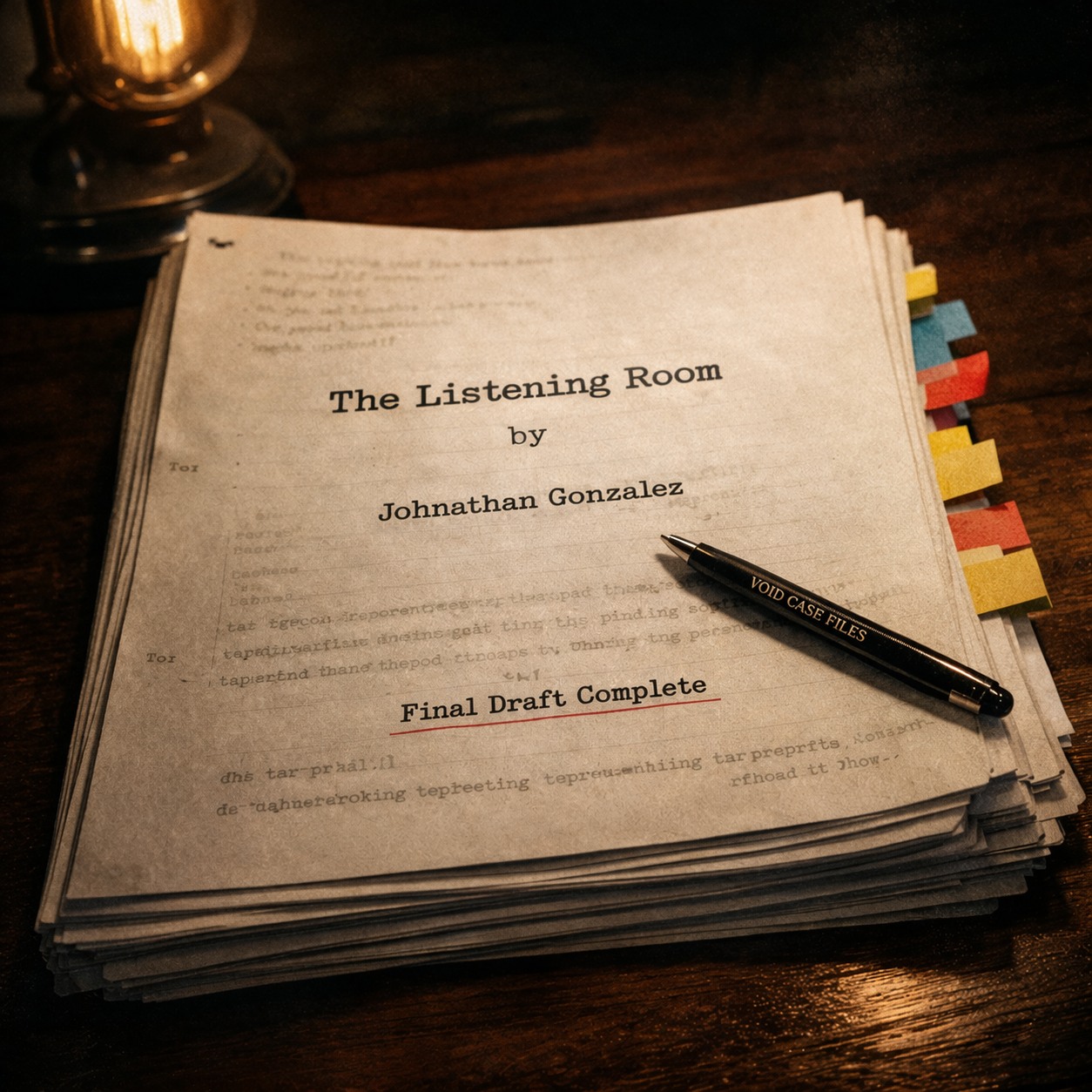 A stack of pages titled 'The Listening Room' by Johnathan Gonzalez on a wooden table, with a black pen marked 'VOID CASE FILES' resting on top and colorful tabs protruding from the sides of the pages, with a dimly lit lamp in the background.