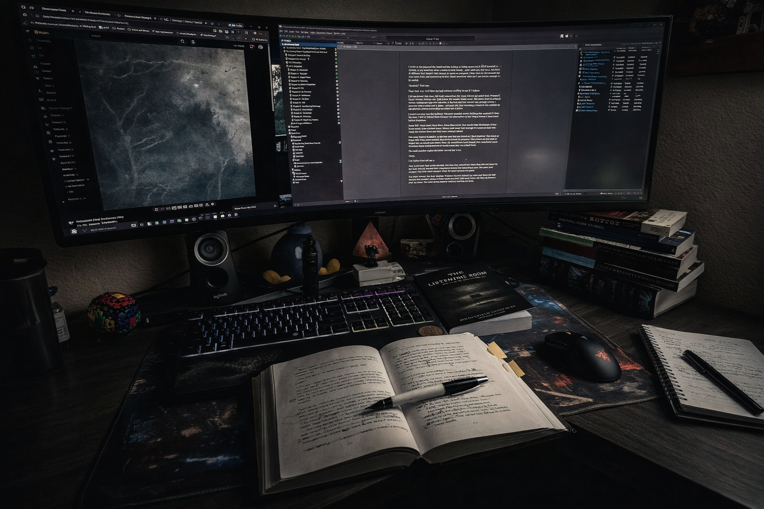 A dark workspace with a dual-monitor setup displaying text and a cloudy background on the left monitor and a text editor on the right monitor. The desk has an open notebook with handwritten notes, a pen, a computer mouse, a keyboard, a spiral notebook, and a stack of books.