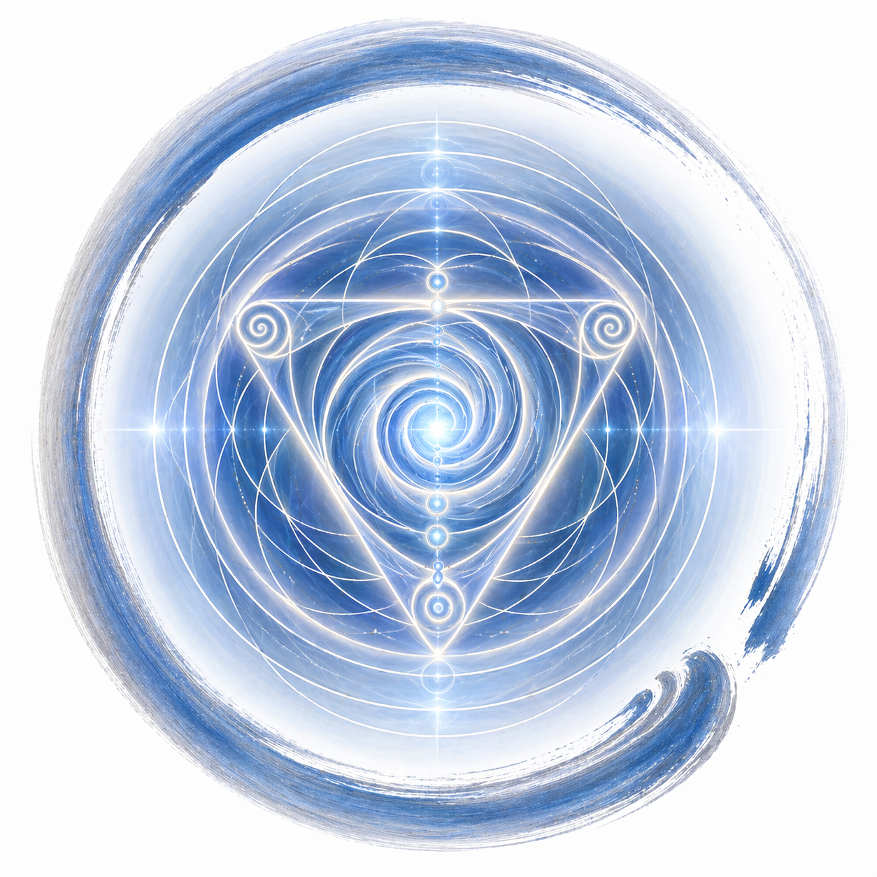 A digital abstract featuring a glowing blue spiral galaxy at the center, overlaid with white geometric patterns and lines forming a symmetrical, mystical design.